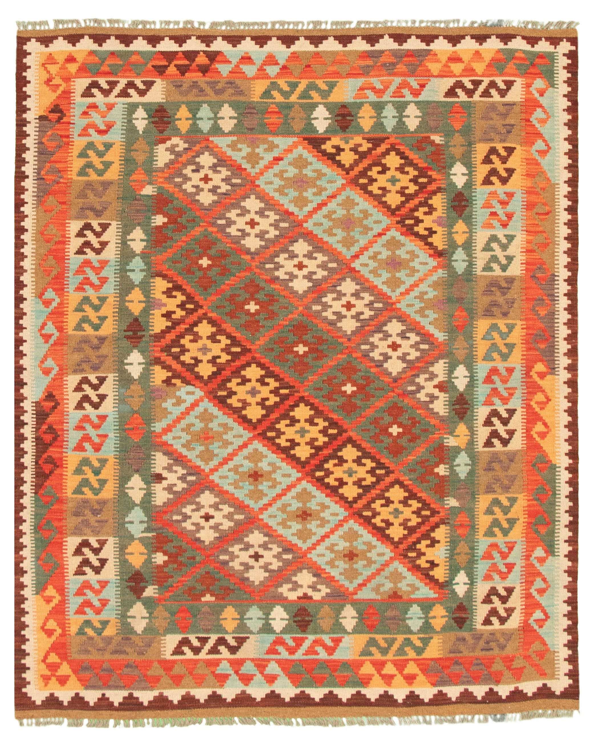 Hand woven Bold and Colorful  Red Wool Kilim 5'2" x 6'7" Size: 5'2" x 6'7"  