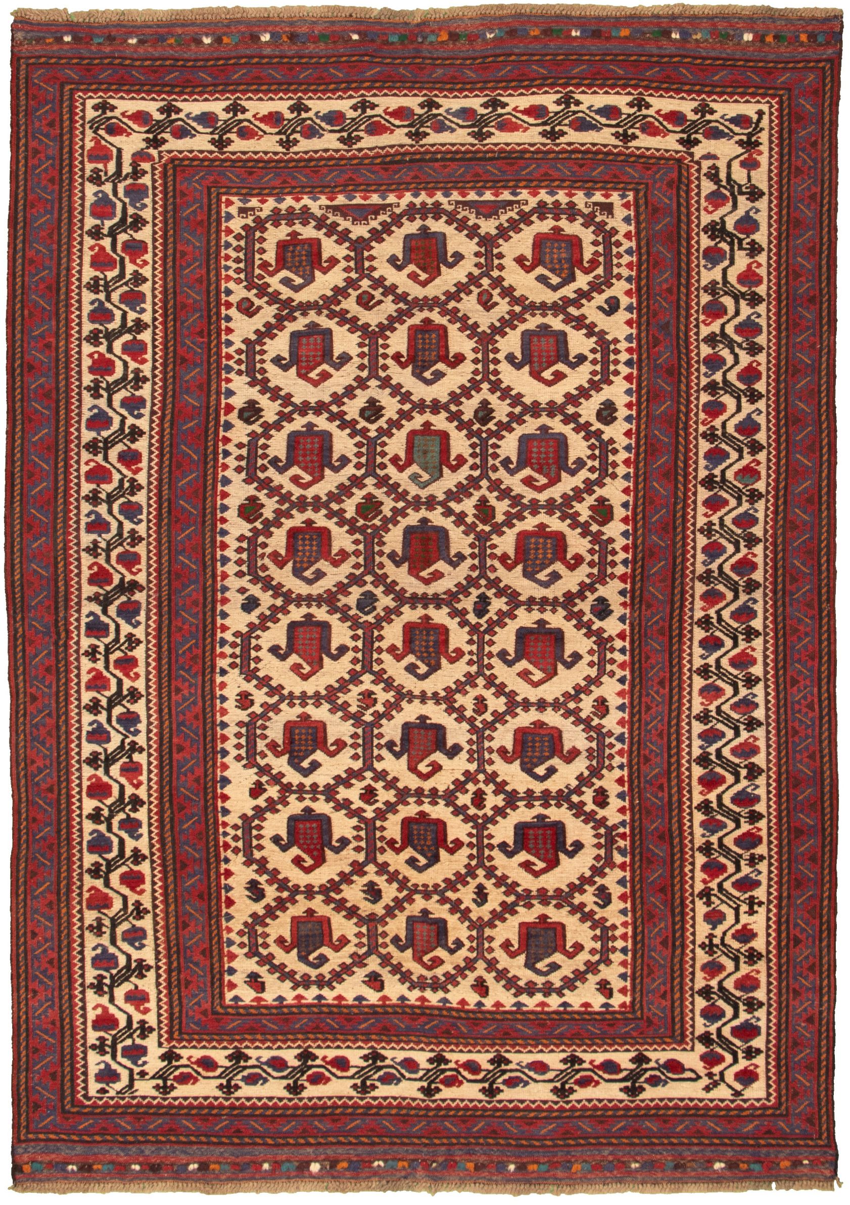 Hand-knotted Tajik Caucasian Cream, Red Wool Rug 6'9" x 9'3" Size: 6'9" x 9'3"  