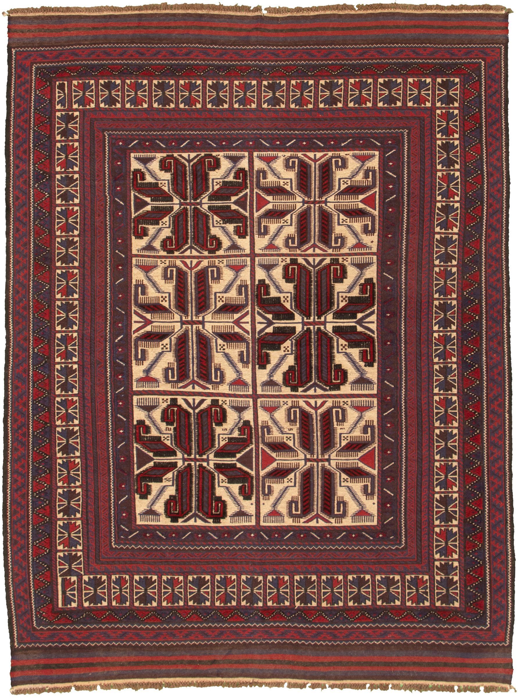 Hand-knotted Tajik Caucasian Cream, Dark Red Wool Rug 6'2" x 8'5" Size: 6'2" x 8'5"  
