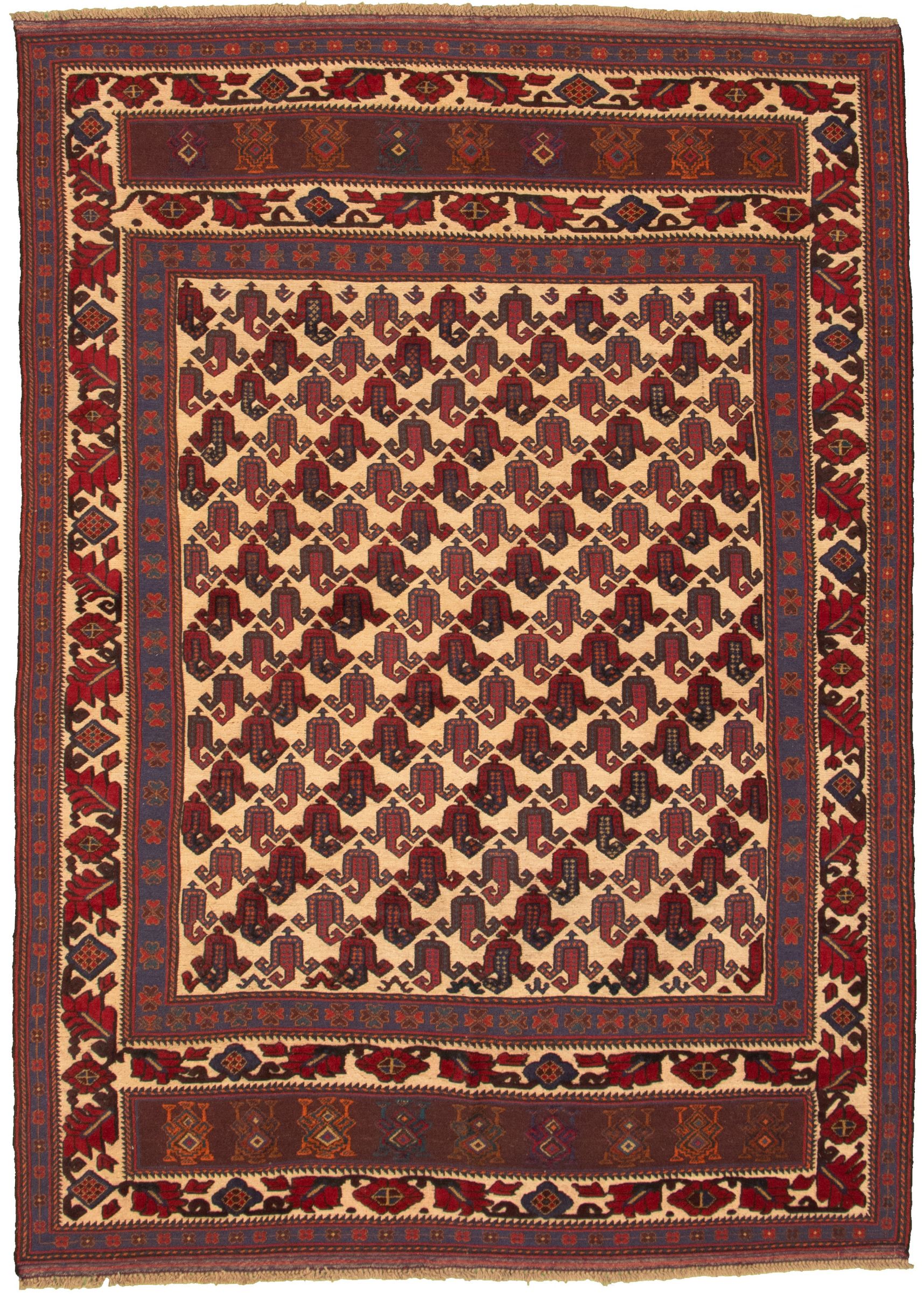 Hand-knotted Tajik Caucasian Cream, Dark Red Wool Rug 6'7" x 9'6" Size: 6'7" x 9'6"  