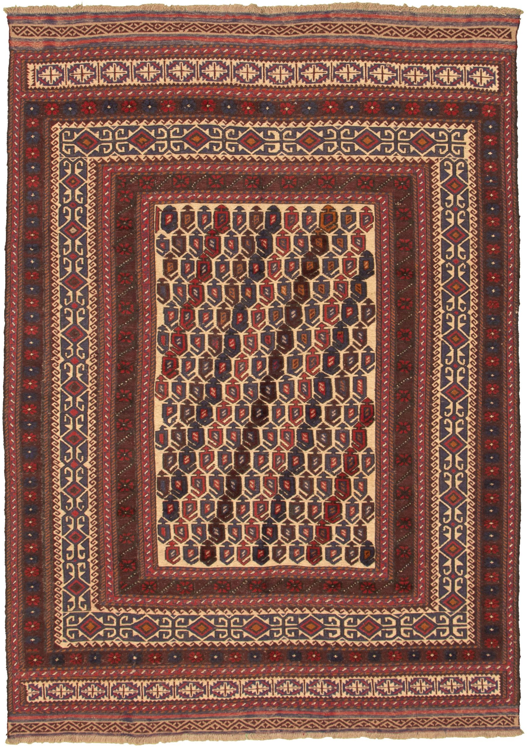 Hand-knotted Tajik Caucasian Cream, Dark Red Wool Rug 6'0" x 8'7" Size: 6'0" x 8'7"  