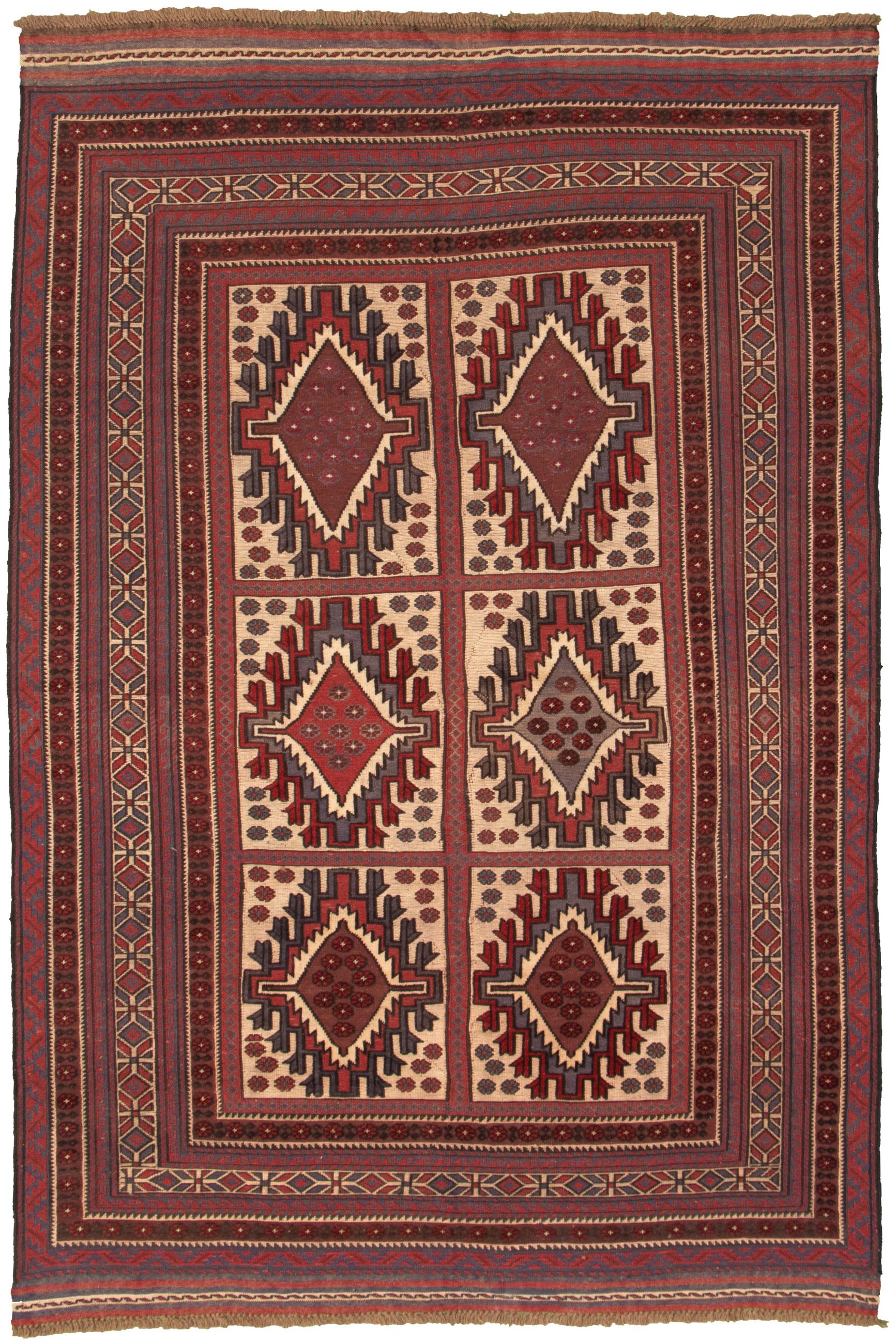 Hand-knotted Tajik Caucasian Cream, Red Wool Rug 6'4" x 9'6" Size: 6'4" x 9'6"  