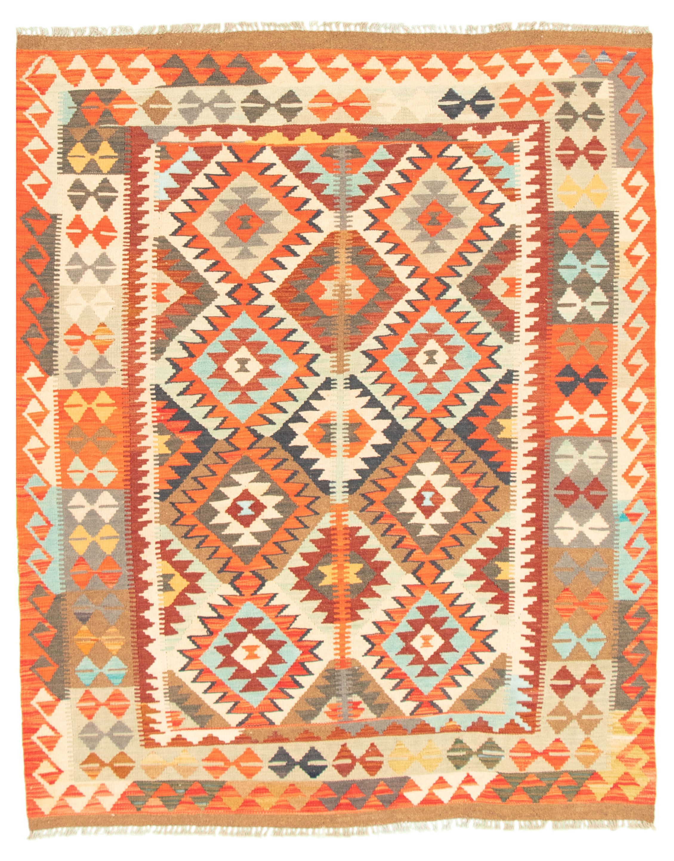 Hand woven Bold and Colorful  Cream Wool Kilim 5'5" x 6'8" Size: 5'5" x 6'8"  