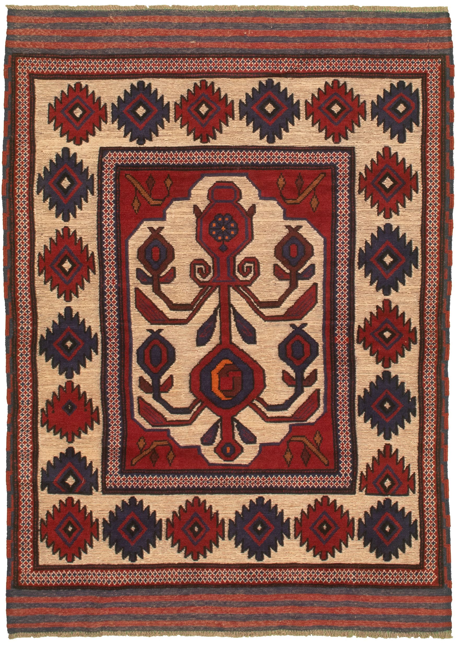 Hand-knotted Tajik Caucasian Beige, Red Wool Rug 4'3" x 6'3" Size: 4'3" x 6'3"  