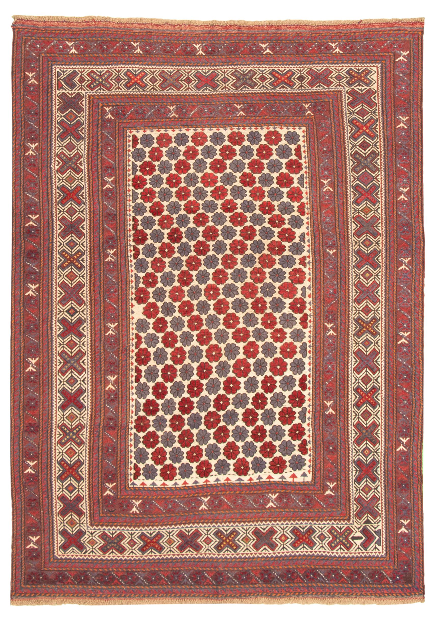 Hand-knotted Tajik Caucasian Cream, Red Wool Rug 6'5" x 9'2" Size: 6'5" x 9'2"  