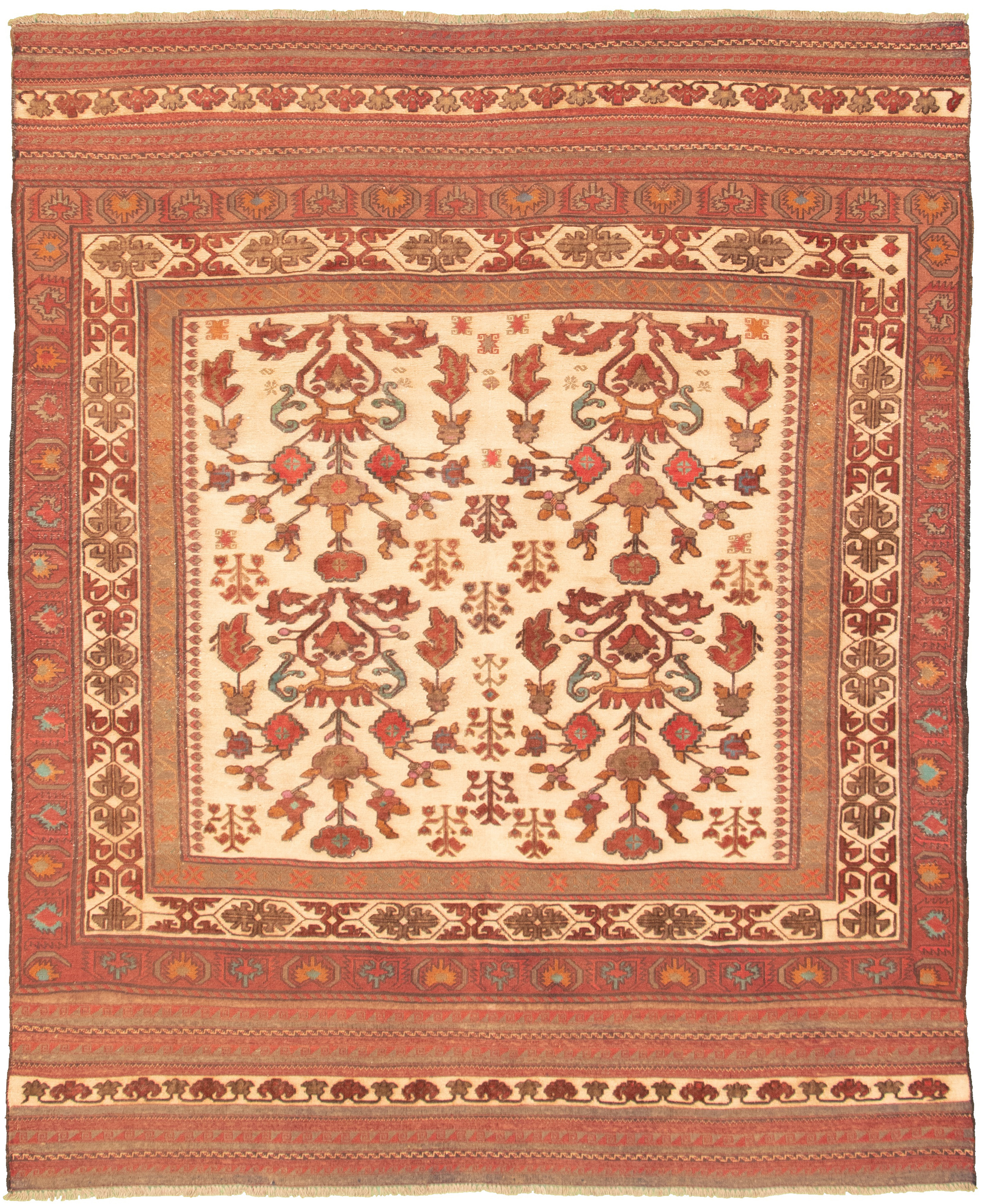 Hand-knotted Tajik Caucasian Ivory Wool Rug 6'8" x 8'4" Size: 6'8" x 8'4"  