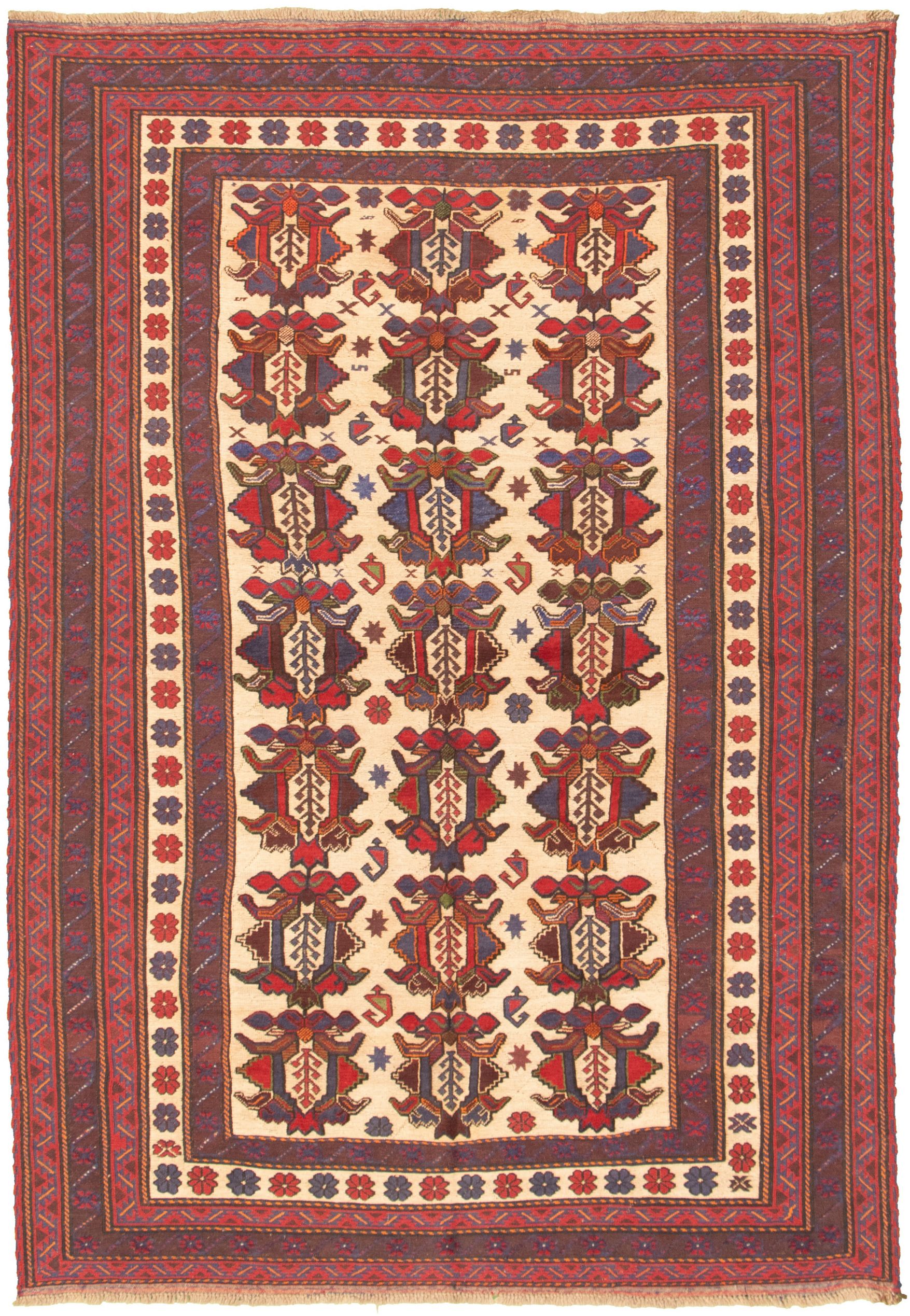 Hand-knotted Tajik Caucasian Ivory, Red Wool Rug 6'3" x 9'0" Size: 6'3" x 9'0"  