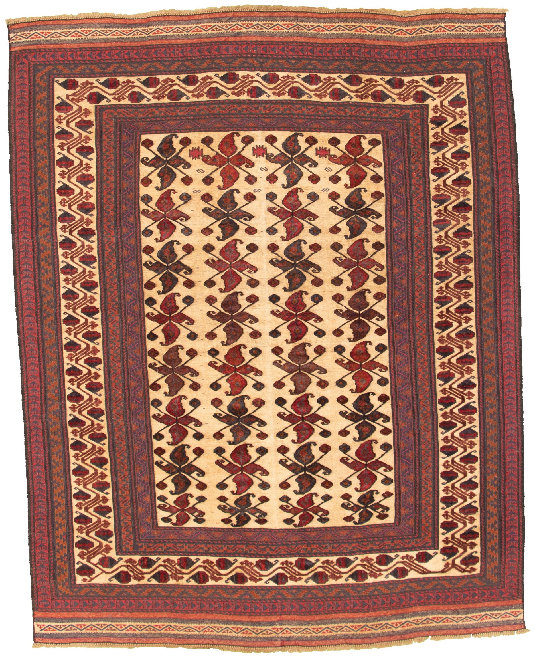 Hand-knotted Tajik Caucasian Ivory, Red Wool Rug 6'9" x 8'6" Size: 6'9" x 8'6"  