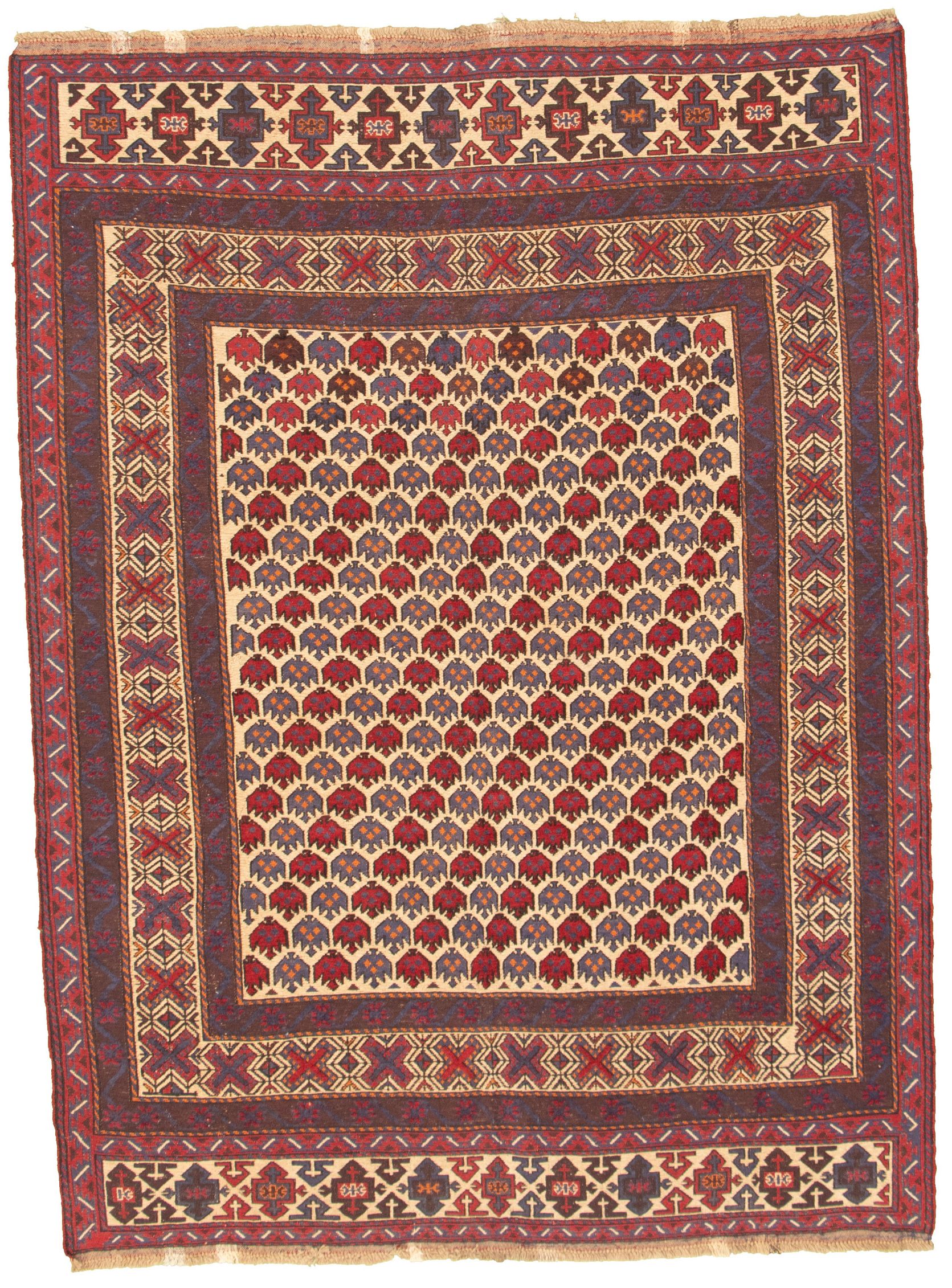 Hand-knotted Tajik Caucasian Ivory, Red Wool Rug 6'8" x 9'0" Size: 6'8" x 9'0"  