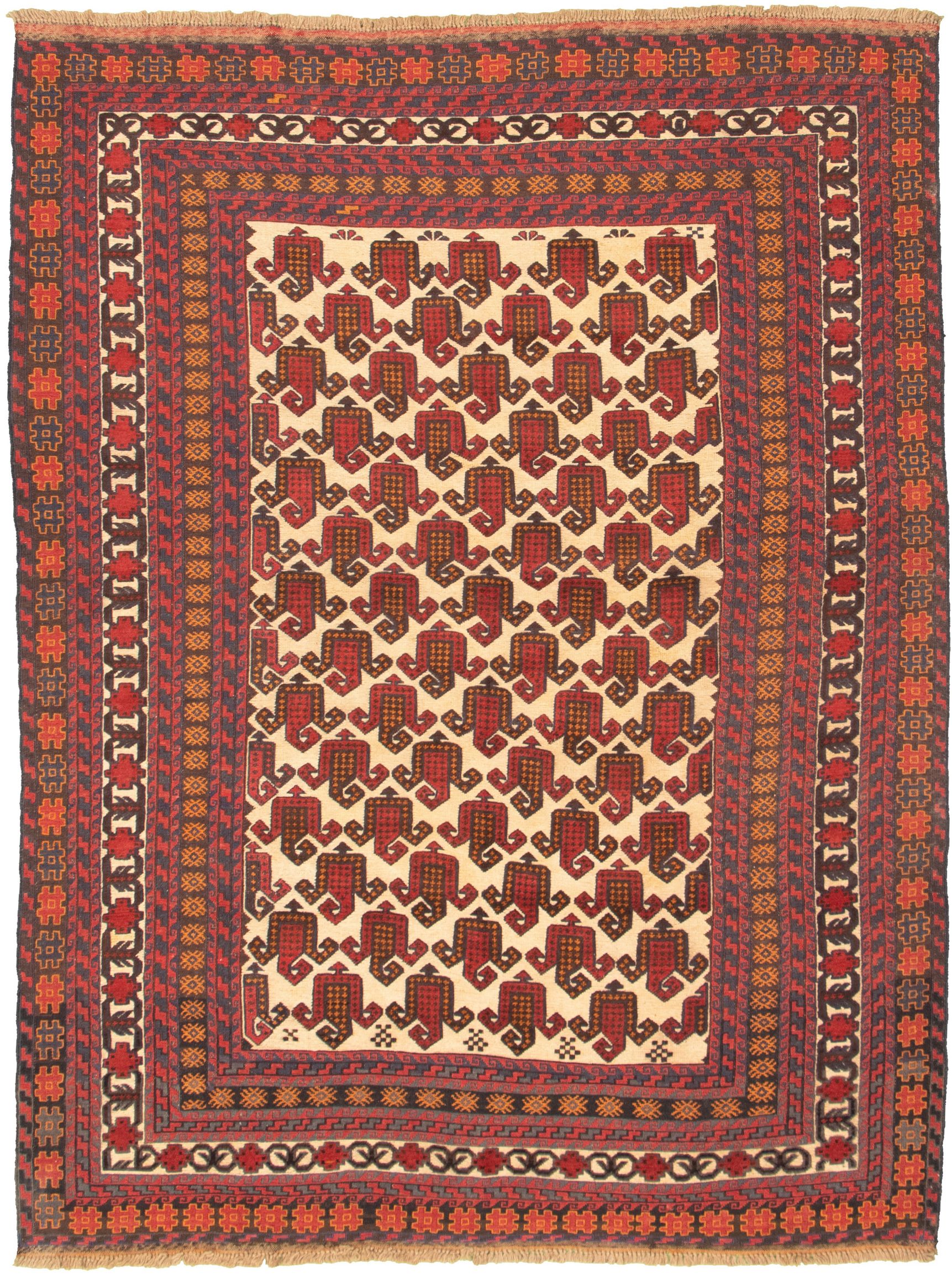 Hand-knotted Tajik Caucasian Cream, Red Wool Rug 6'9" x 9'1" Size: 6'9" x 9'1"  