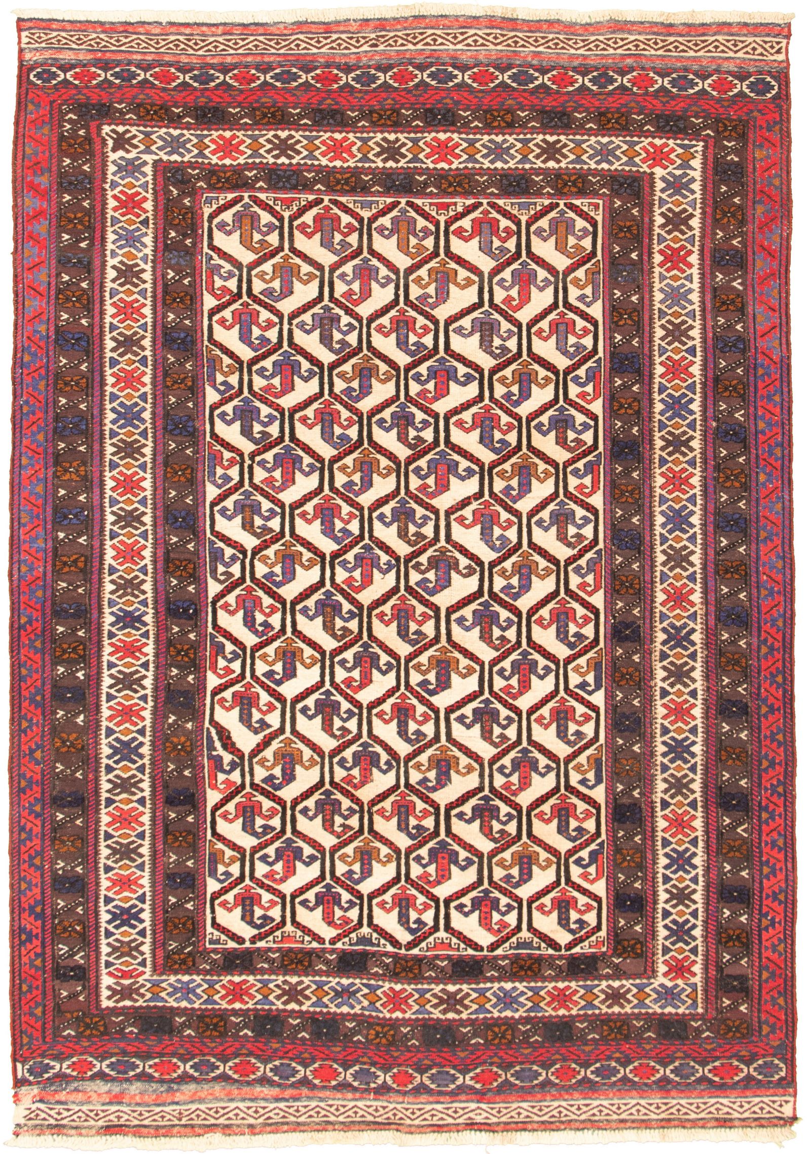 Hand-knotted Tajik Caucasian Ivory, Red Wool Rug 6'2" x 9'1" Size: 6'2" x 9'1"  