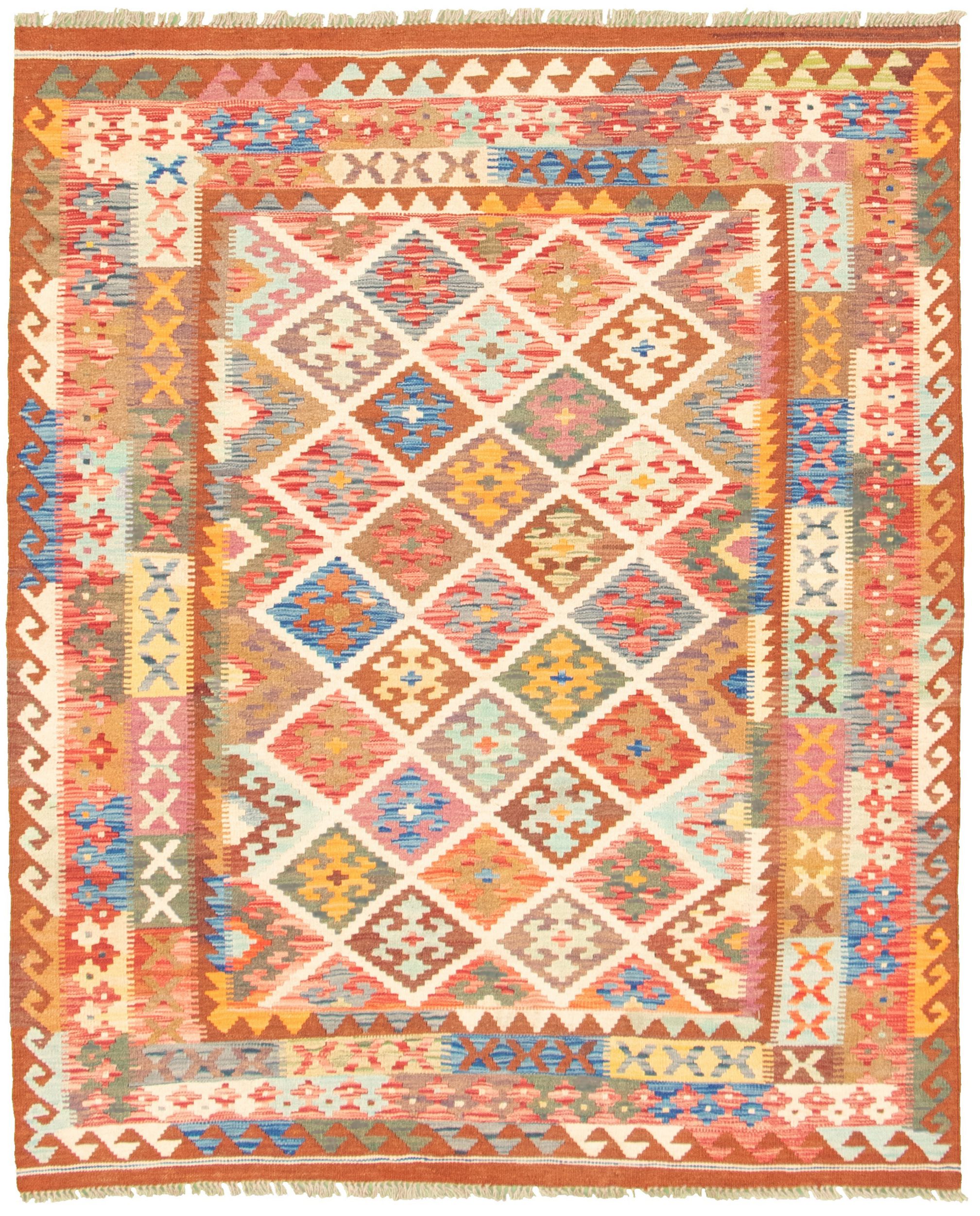 Hand woven Bold and Colorful  Brown, Cream Wool Kilim 5'3" x 6'7" Size: 5'3" x 6'7"  