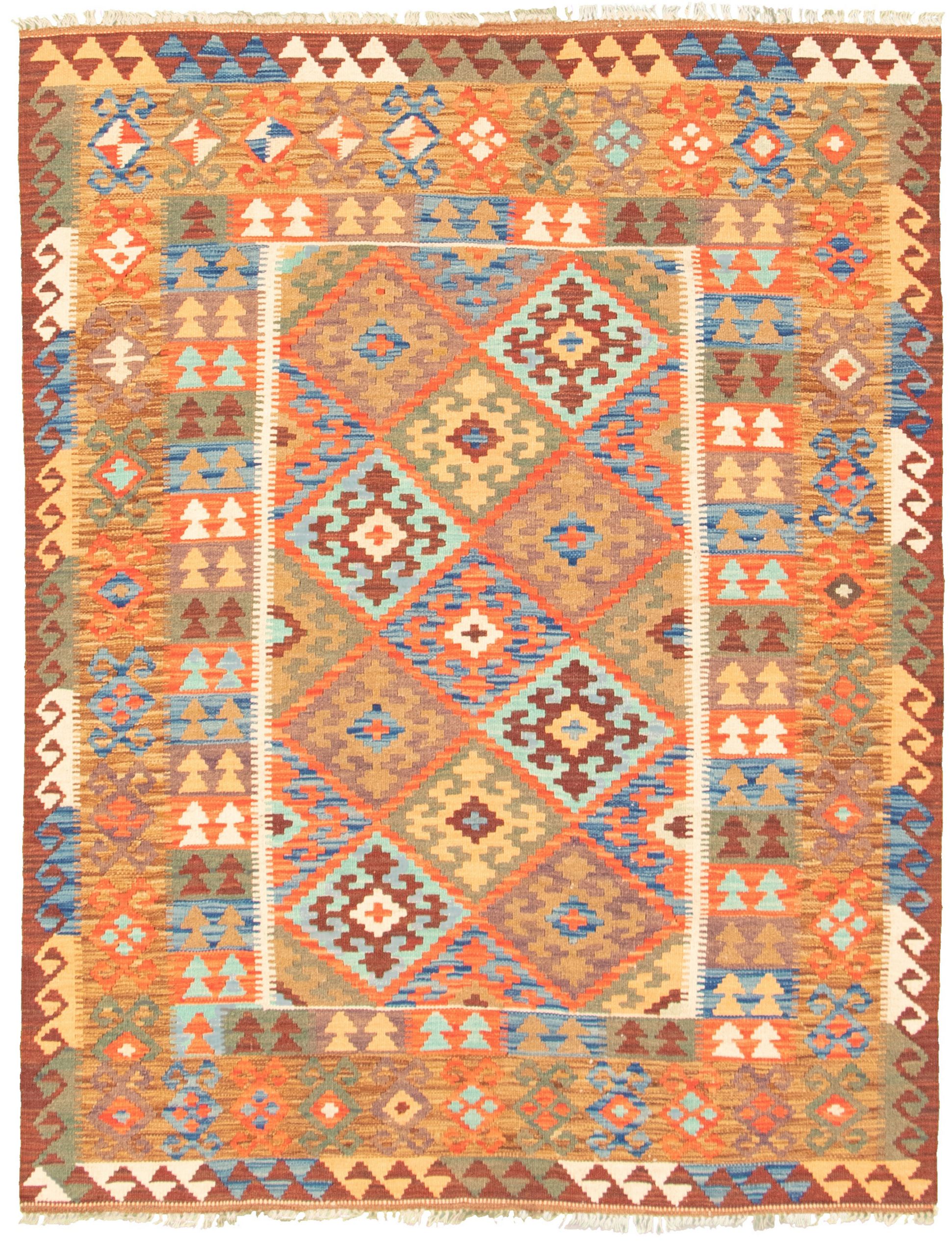 Hand woven Bold and Colorful  Brown, Dark Copper Wool Kilim 5'2" x 6'7" Size: 5'2" x 6'7"  