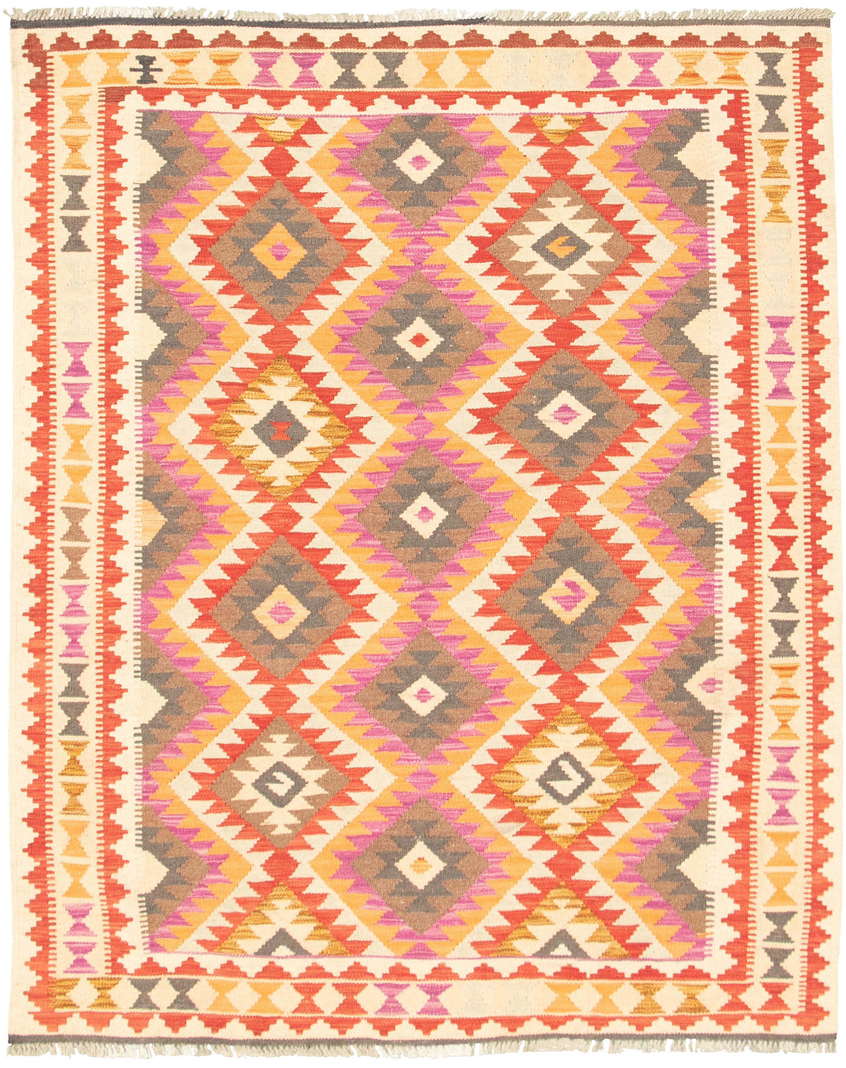 Hand woven Bold and Colorful  Light Orange Wool Kilim 5'4" x 6'9" Size: 5'4" x 6'9"  