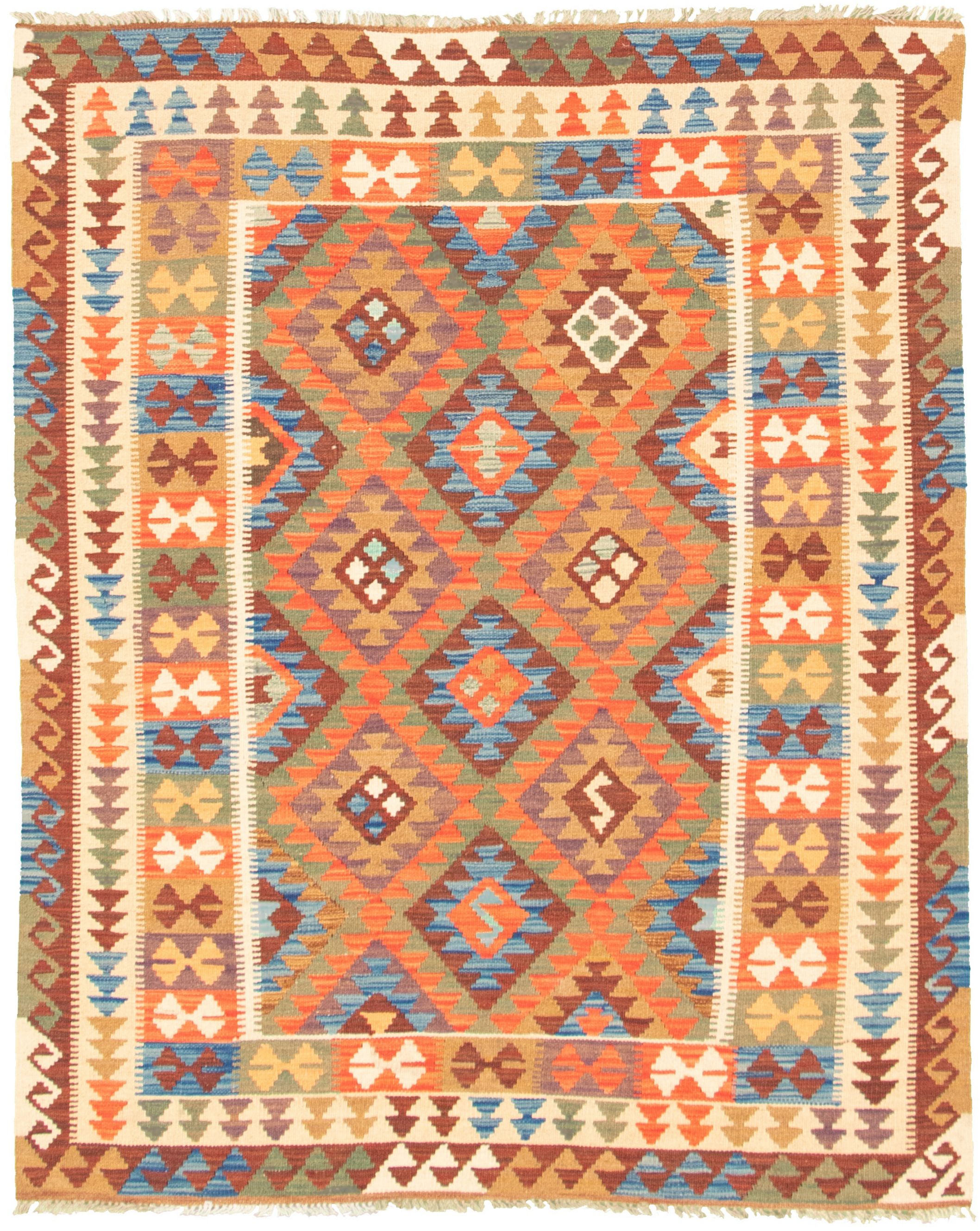 Hand woven Bold and Colorful  Brown Wool Kilim 5'2" x 6'7" Size: 5'2" x 6'7"  