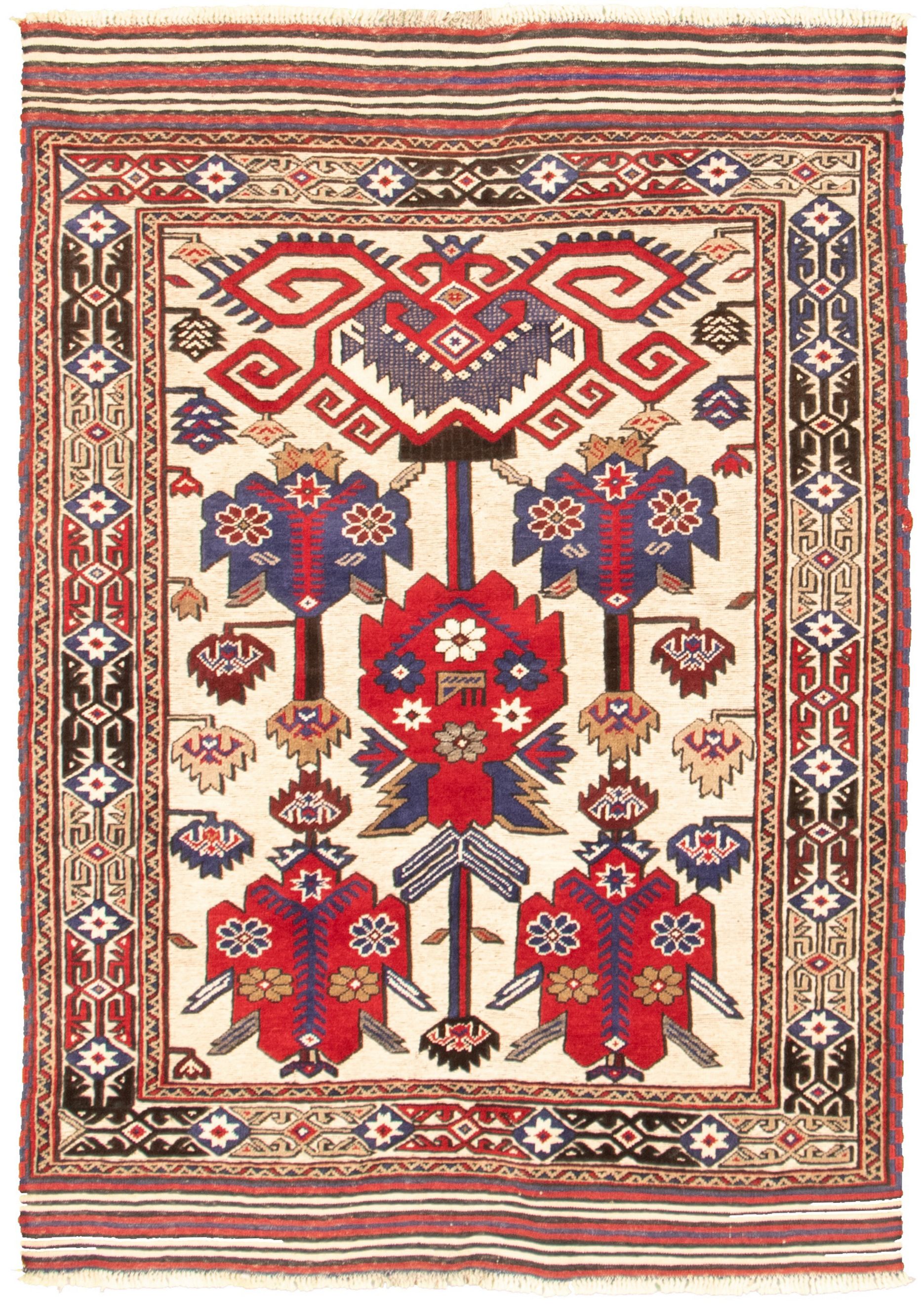 Hand-knotted Tajik Caucasian Cream, Red Wool Rug 4'3" x 6'2" Size: 4'3" x 6'2"  