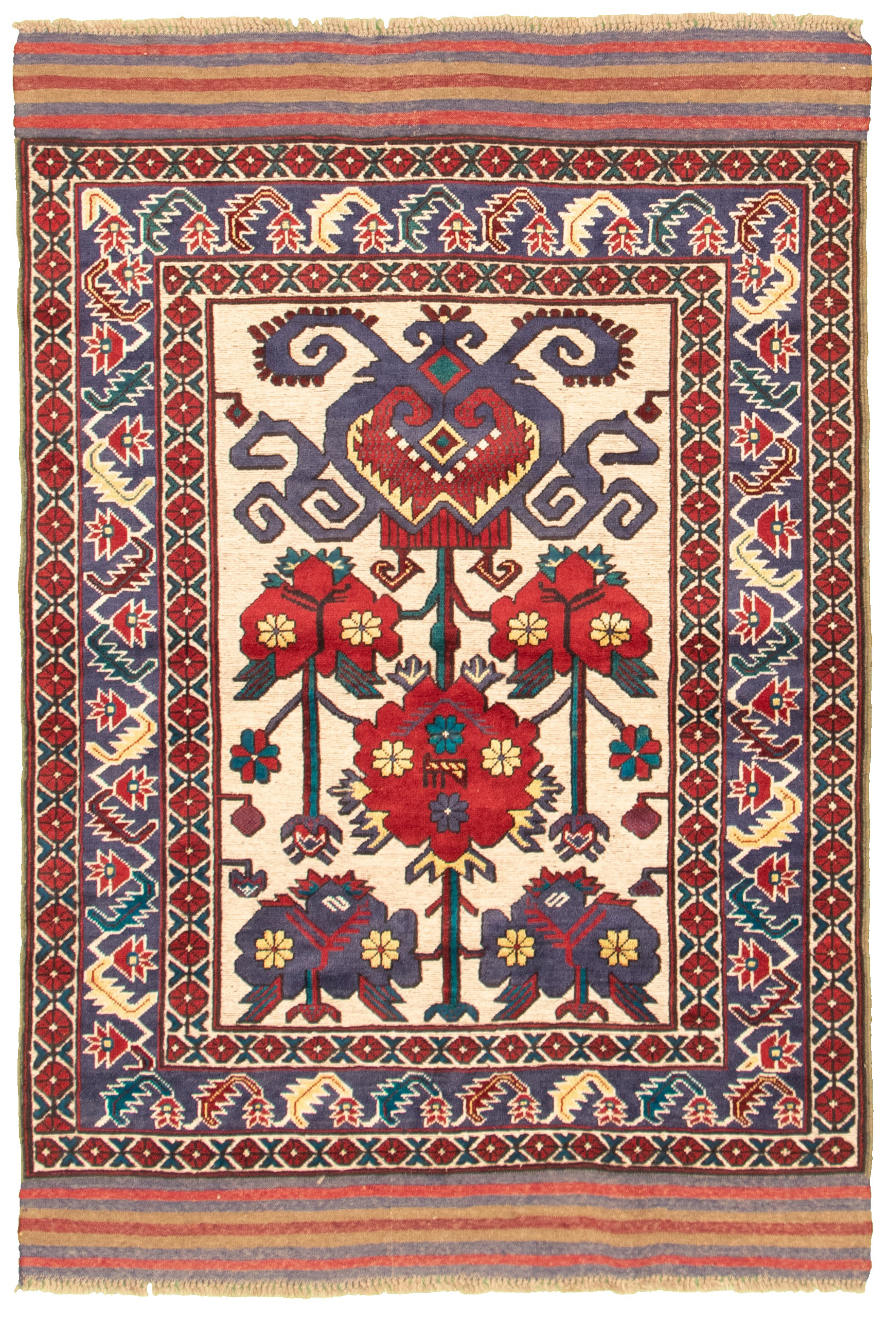Hand-knotted Tajik Caucasian Cream, Red Wool Rug 4'4" x 6'4" Size: 4'4" x 6'4"  