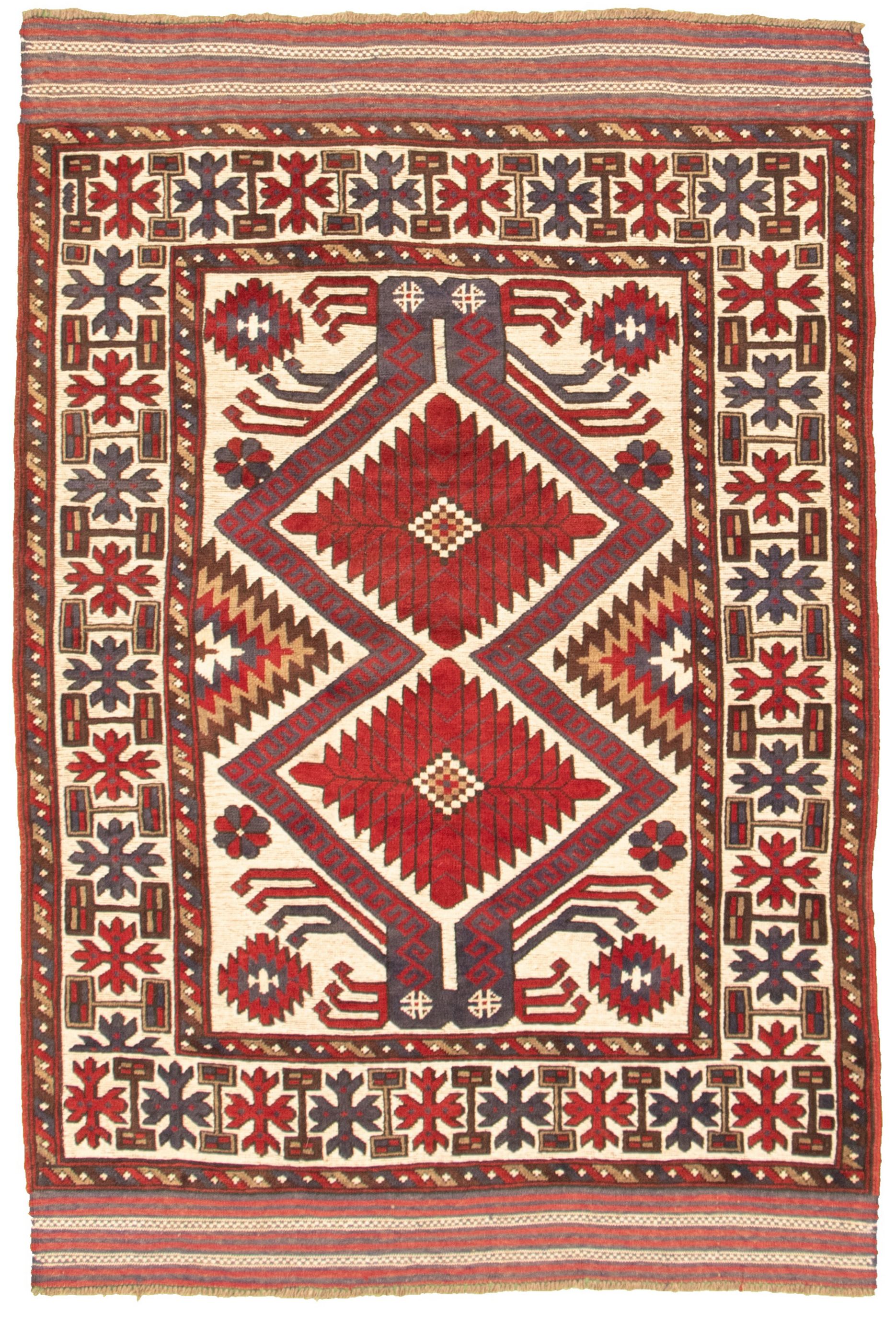 Hand-knotted Tajik Caucasian Cream, Red Wool Rug 4'4" x 6'6" Size: 4'4" x 6'6"  