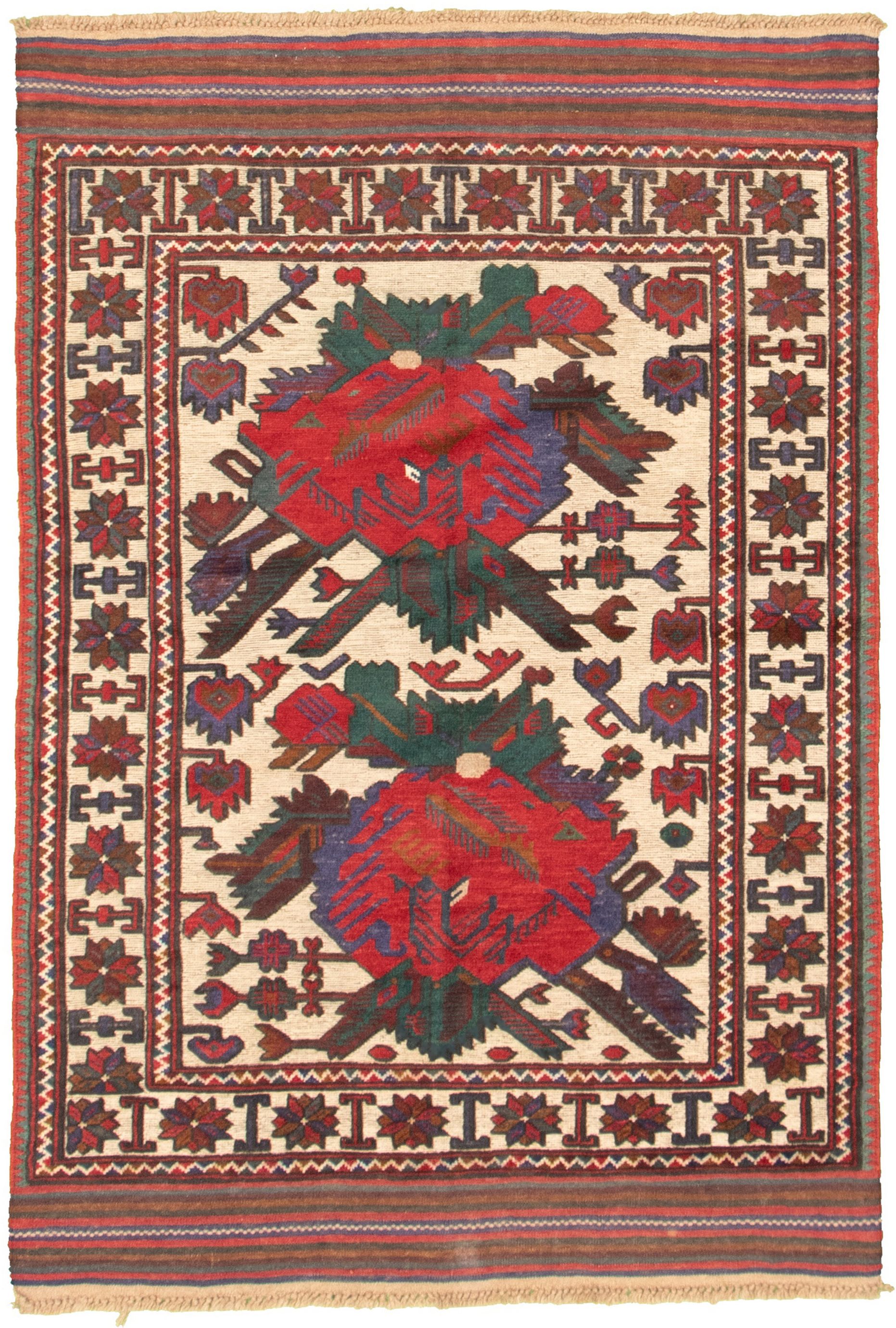 Hand-knotted Tajik Caucasian Cream, Red Wool Rug 4'0" x 6'0" Size: 4'0" x 6'0"  