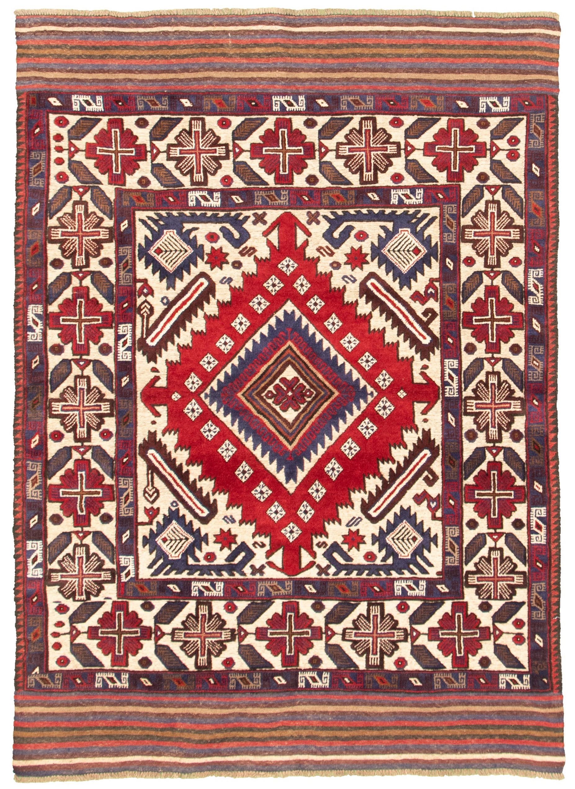 Hand-knotted Tajik Caucasian Ivory, Red Wool Rug 4'3" x 6'0" Size: 4'3" x 6'0"  