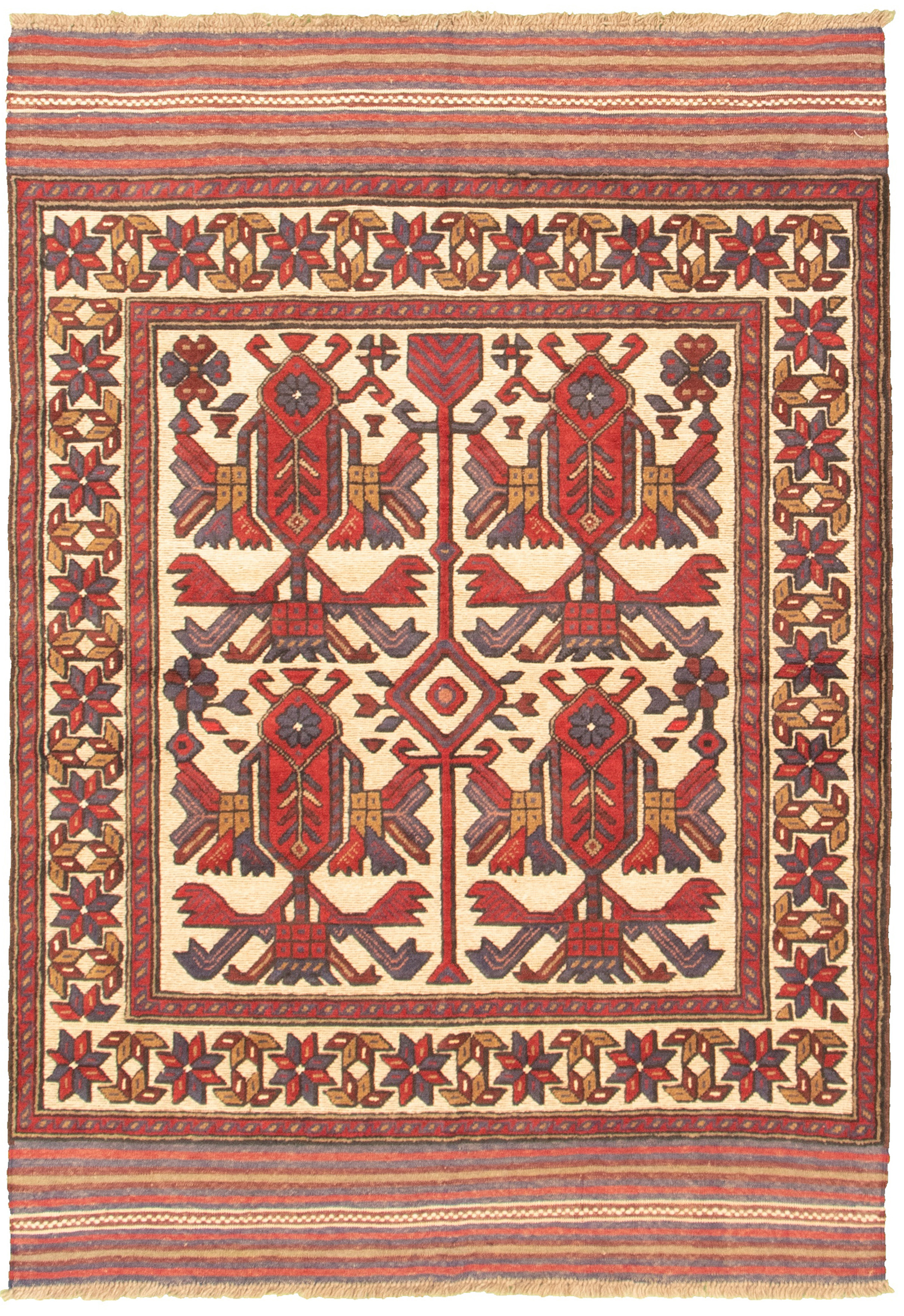 Hand-knotted Tajik Caucasian Dark Red, Ivory Wool Rug 4'2" x 6'0" Size: 4'2" x 6'0"  