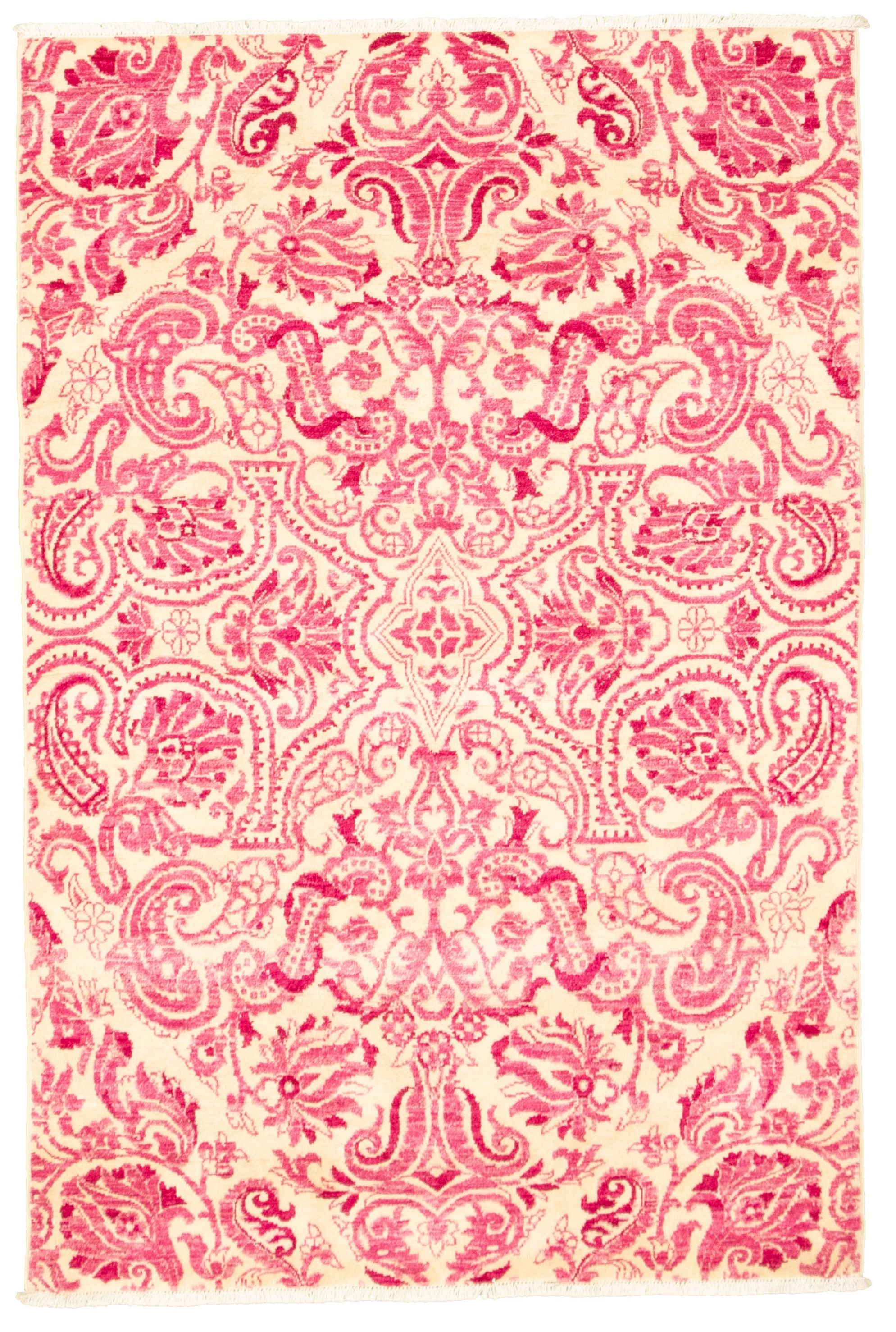 Hand-knotted Signature Collection Dark Pink Wool Rug 4'1" x 6'1" Size: 4'1" x 6'1"  