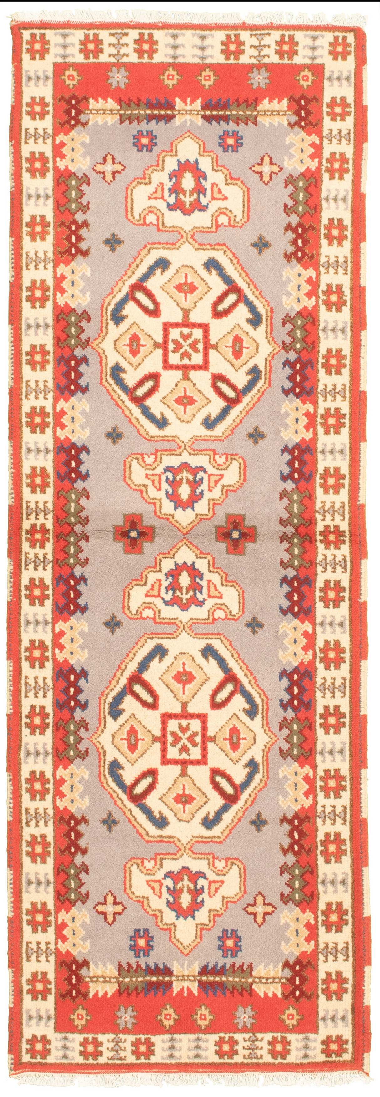 Hand-knotted Royal Kazak Grey, Light Red Wool Rug 2'8" x 8'2" Size: 2'8" x 8'2"  