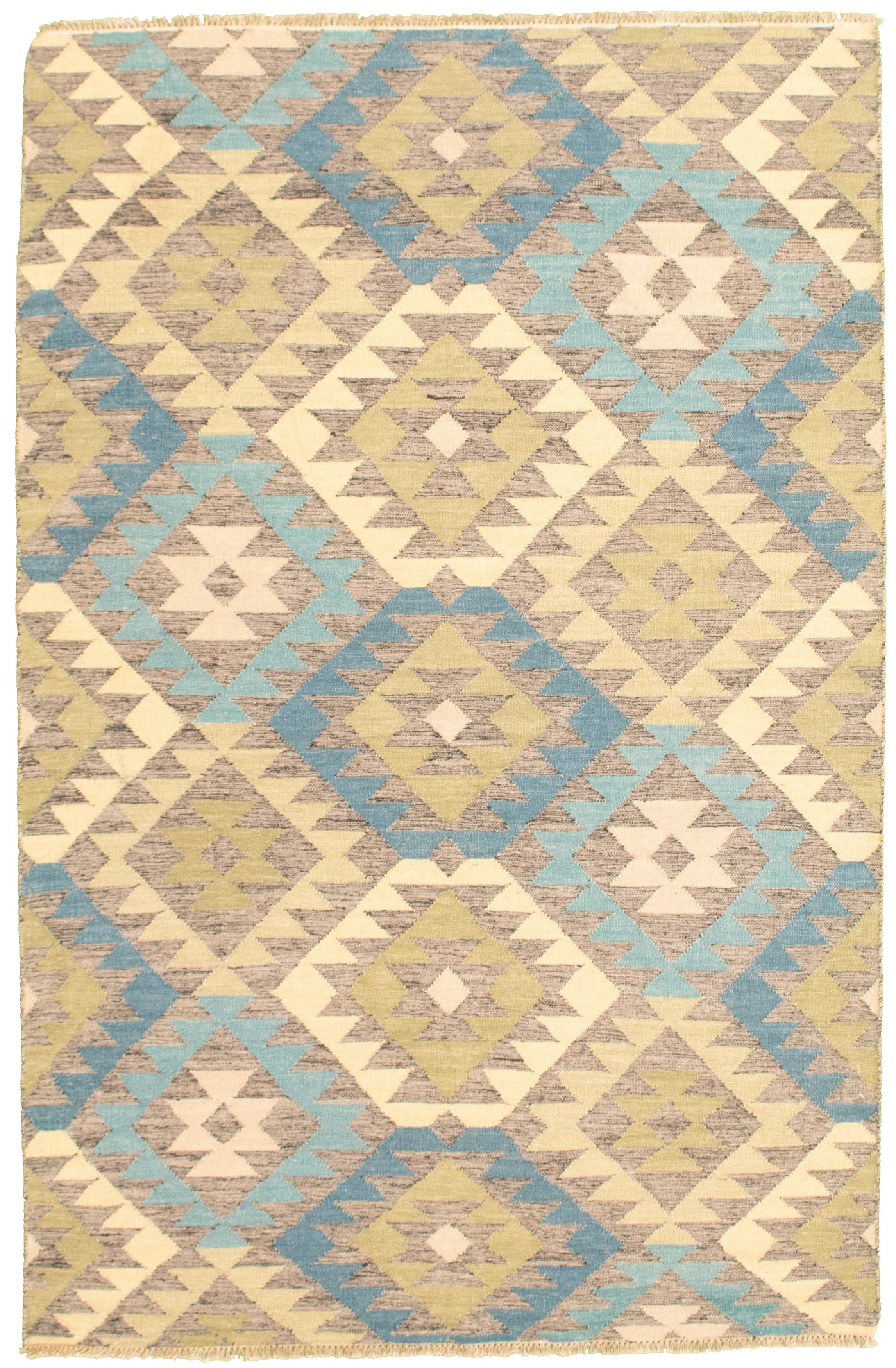 Hand woven Bold and Colorful  Grey, Turquoise Wool Kilim 5'2" x 8'0" Size: 5'2" x 8'0"  