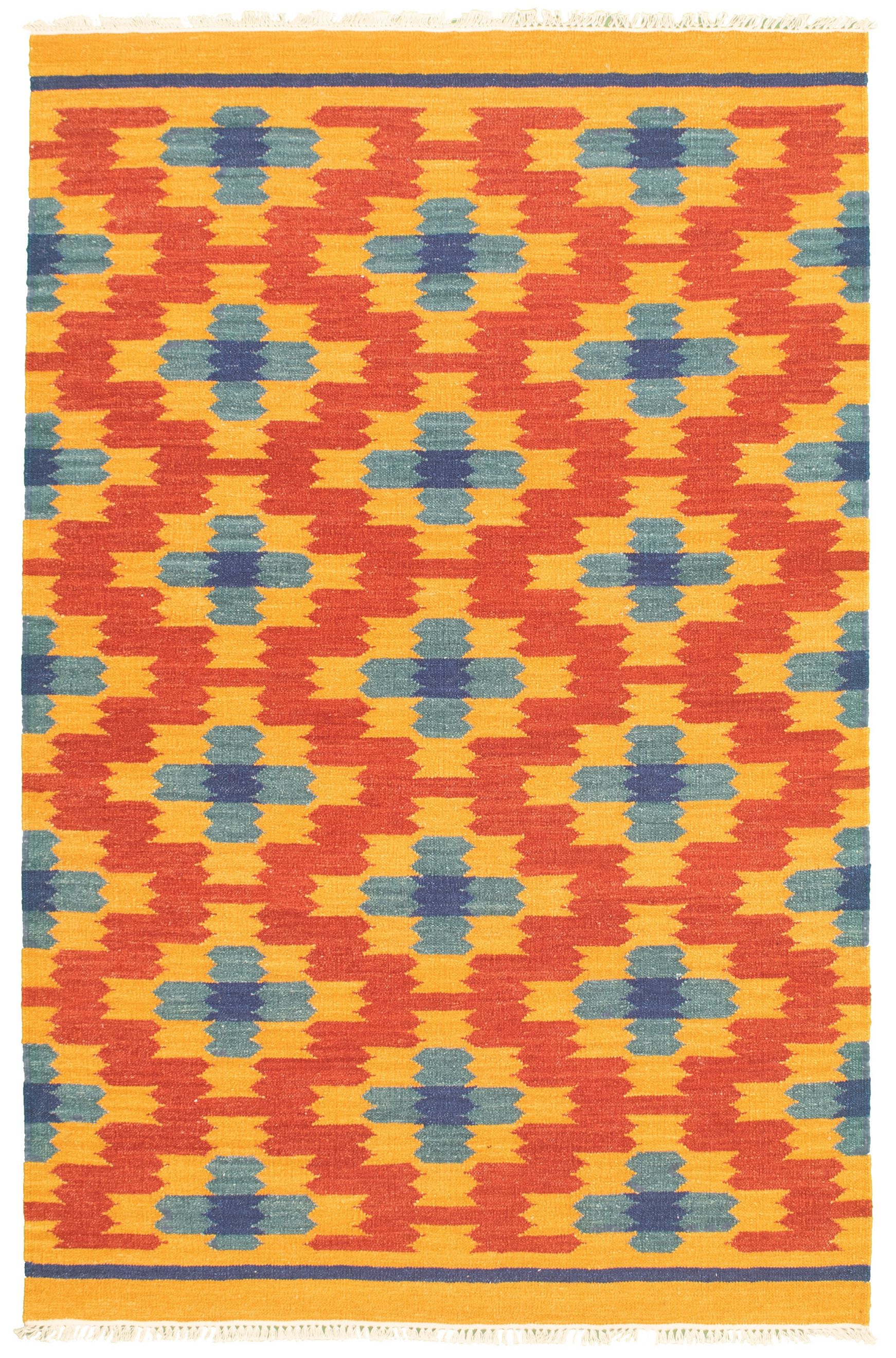 Hand woven Bold and Colorful  Red Wool Kilim 5'2" x 8'1" Size: 5'2" x 8'1"  