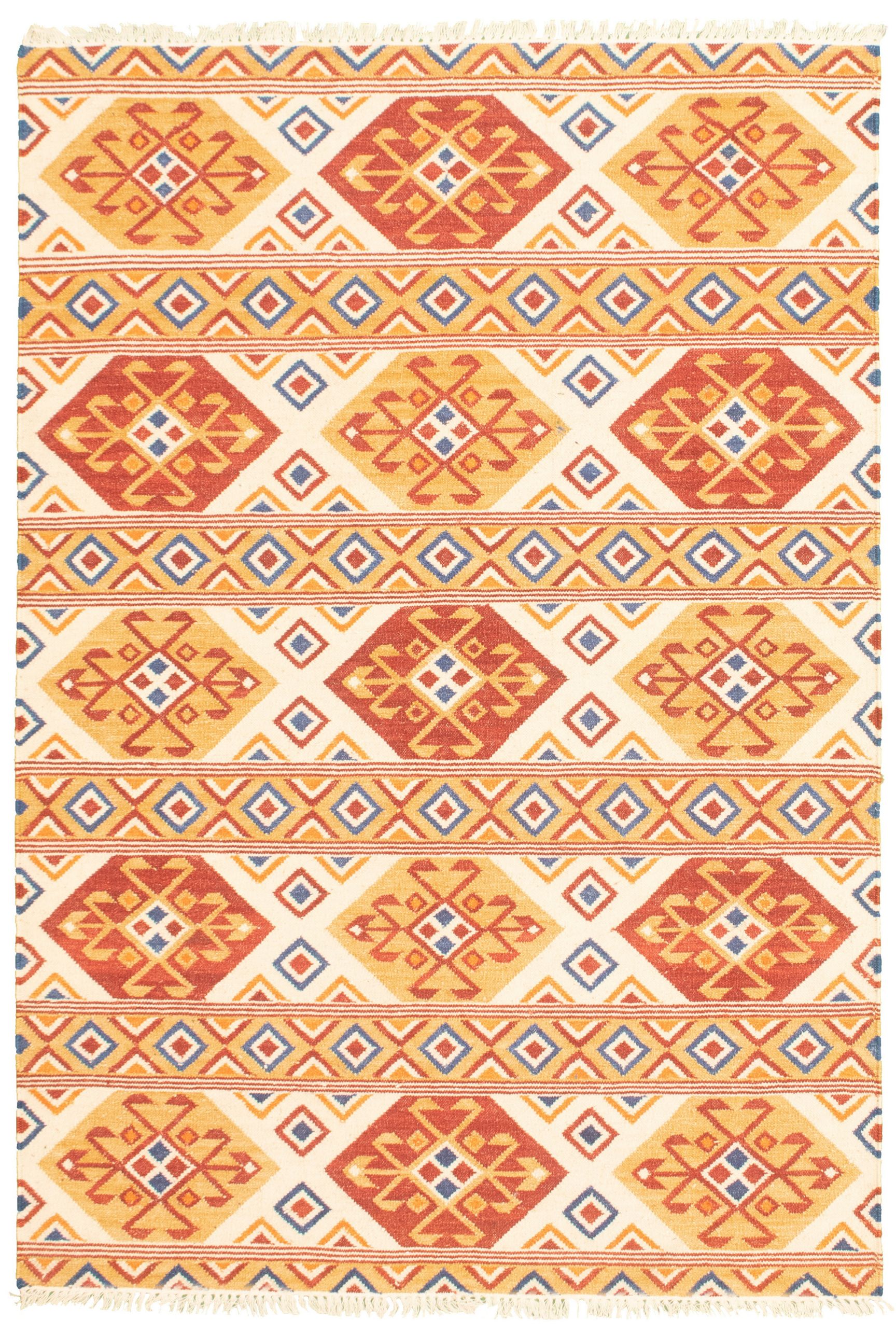 Hand woven Bold and Colorful  Cream, Dark Red Wool Kilim 5'4" x 8'0" Size: 5'4" x 8'0"  