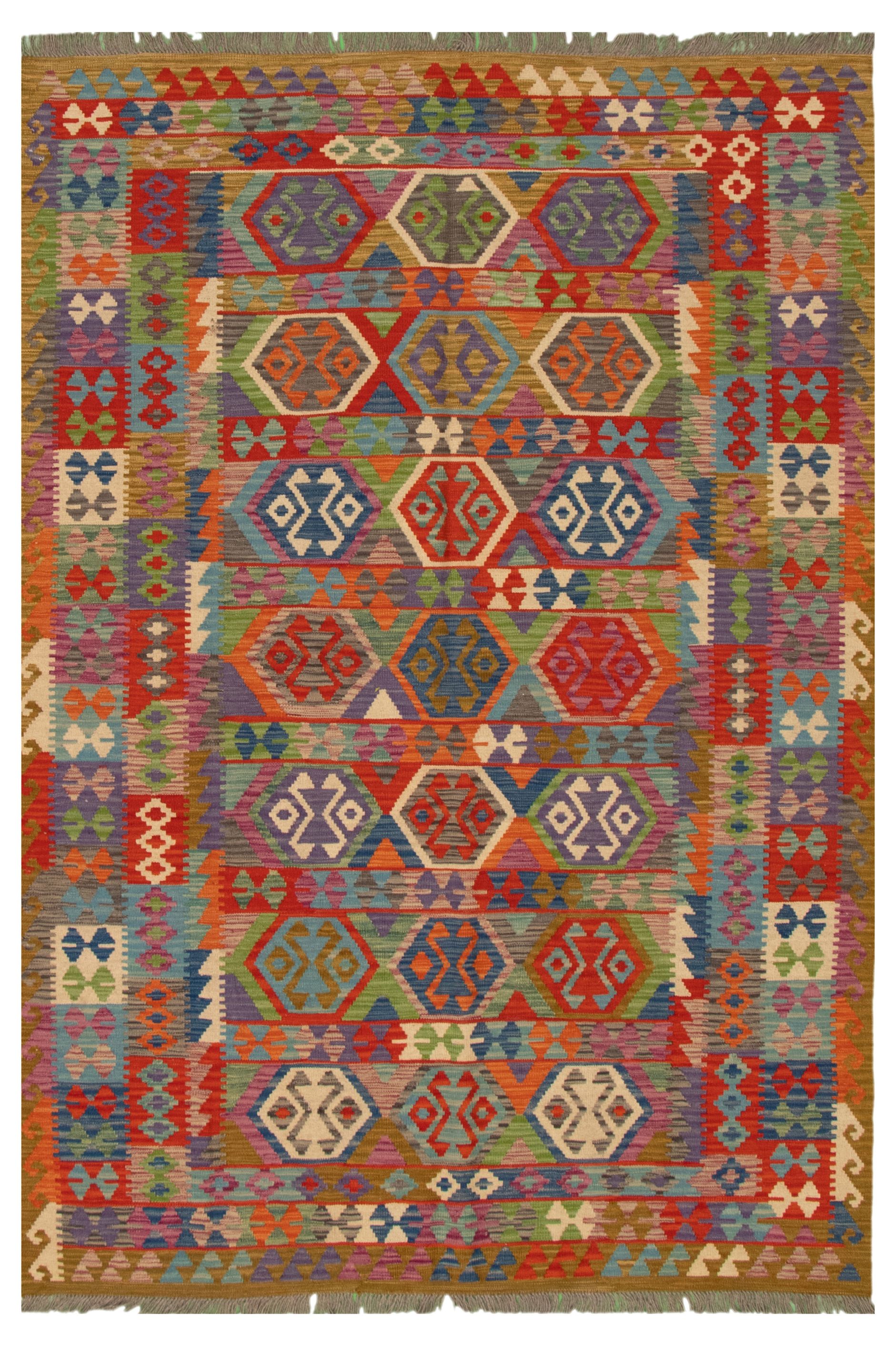 Hand woven Bold and Colorful  Multi Color Wool Kilim 6'0" x 8'5" Size: 6'0" x 8'5"  
