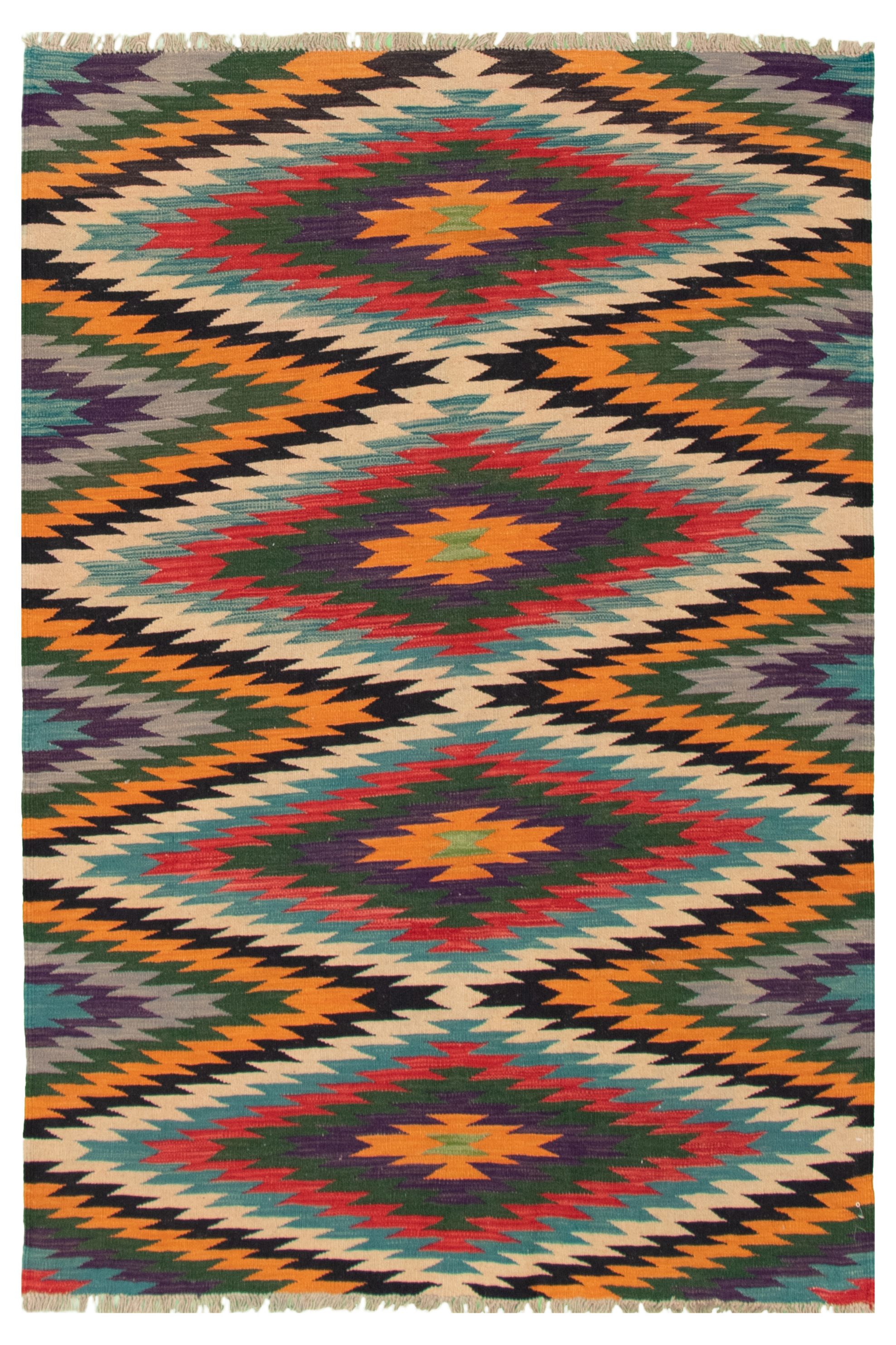 Hand woven Bold and Colorful  Indigo Wool Kilim 4'9" x 6'3" Size: 4'9" x 6'3"  