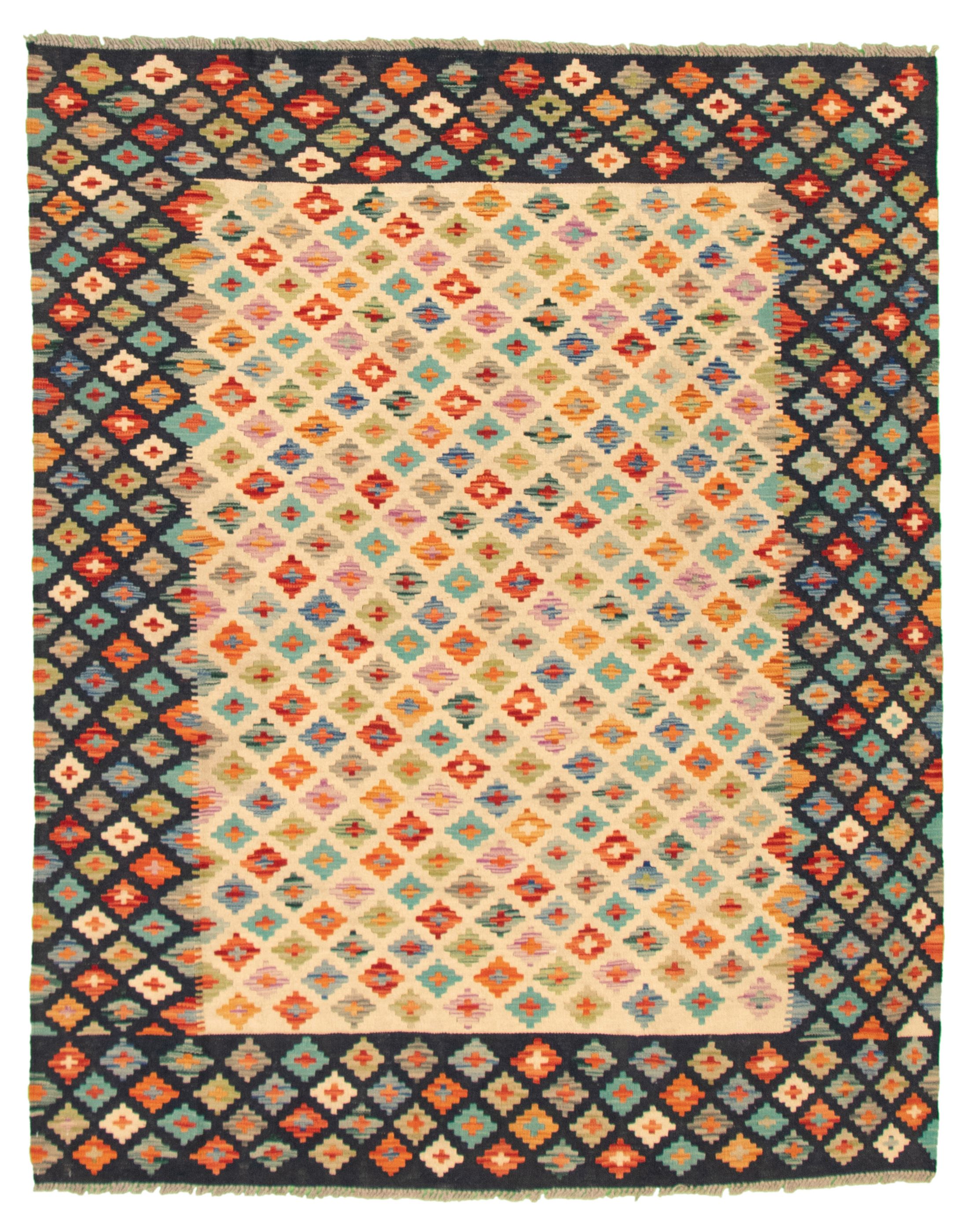 Hand woven Bold and Colorful  Cream, Dark Navy Wool Kilim 5'3" x 6'7" Size: 5'3" x 6'7"  
