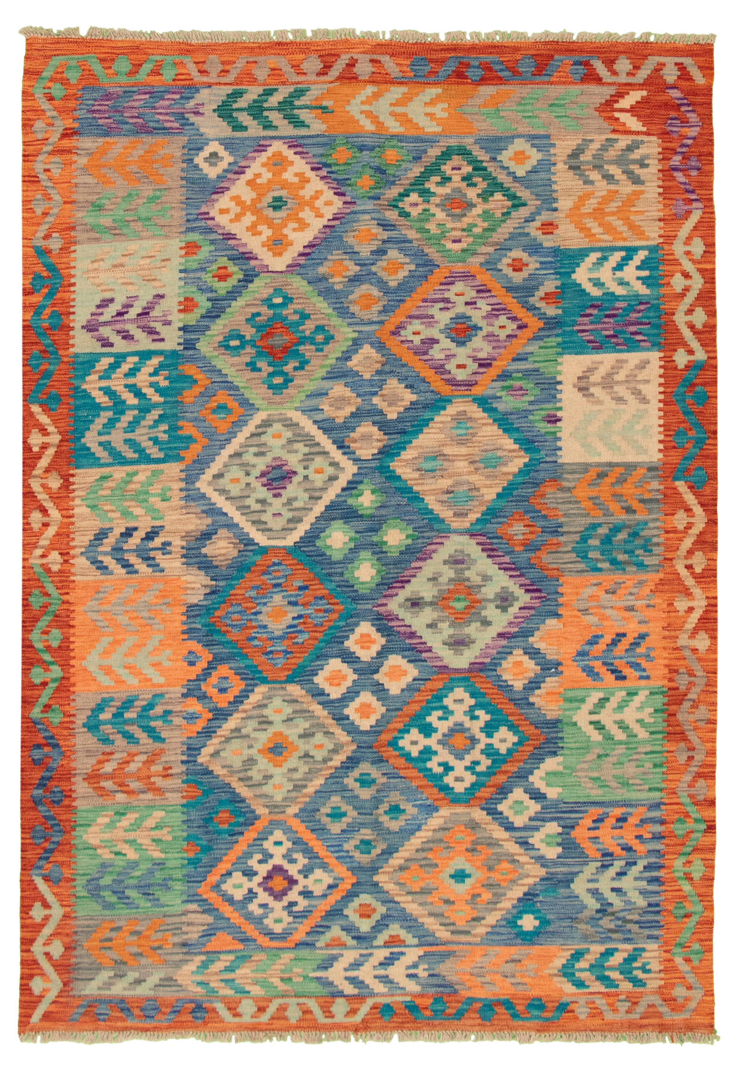 Hand woven Bold and Colorful  Turquoise Wool Kilim 5'10" x 8'0" Size: 5'10" x 8'0"  