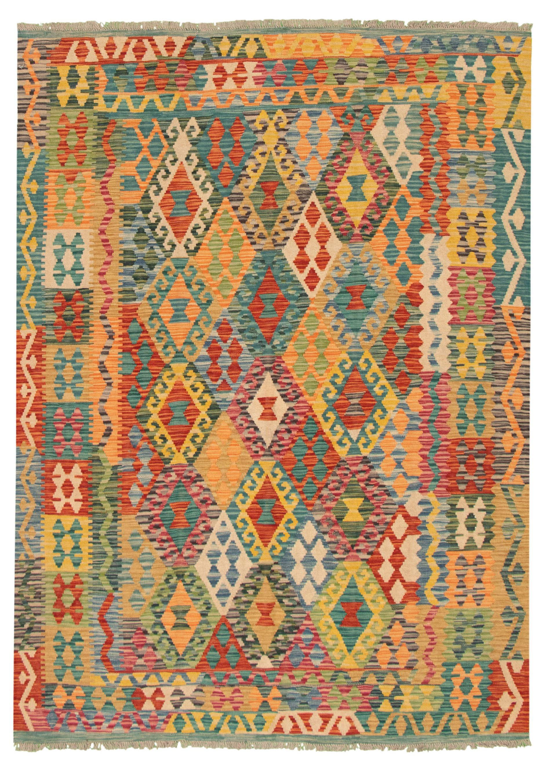 Hand woven Bold and Colorful  Red, Turquoise Wool Kilim 6'0" x 8'3" Size: 6'0" x 8'3"  