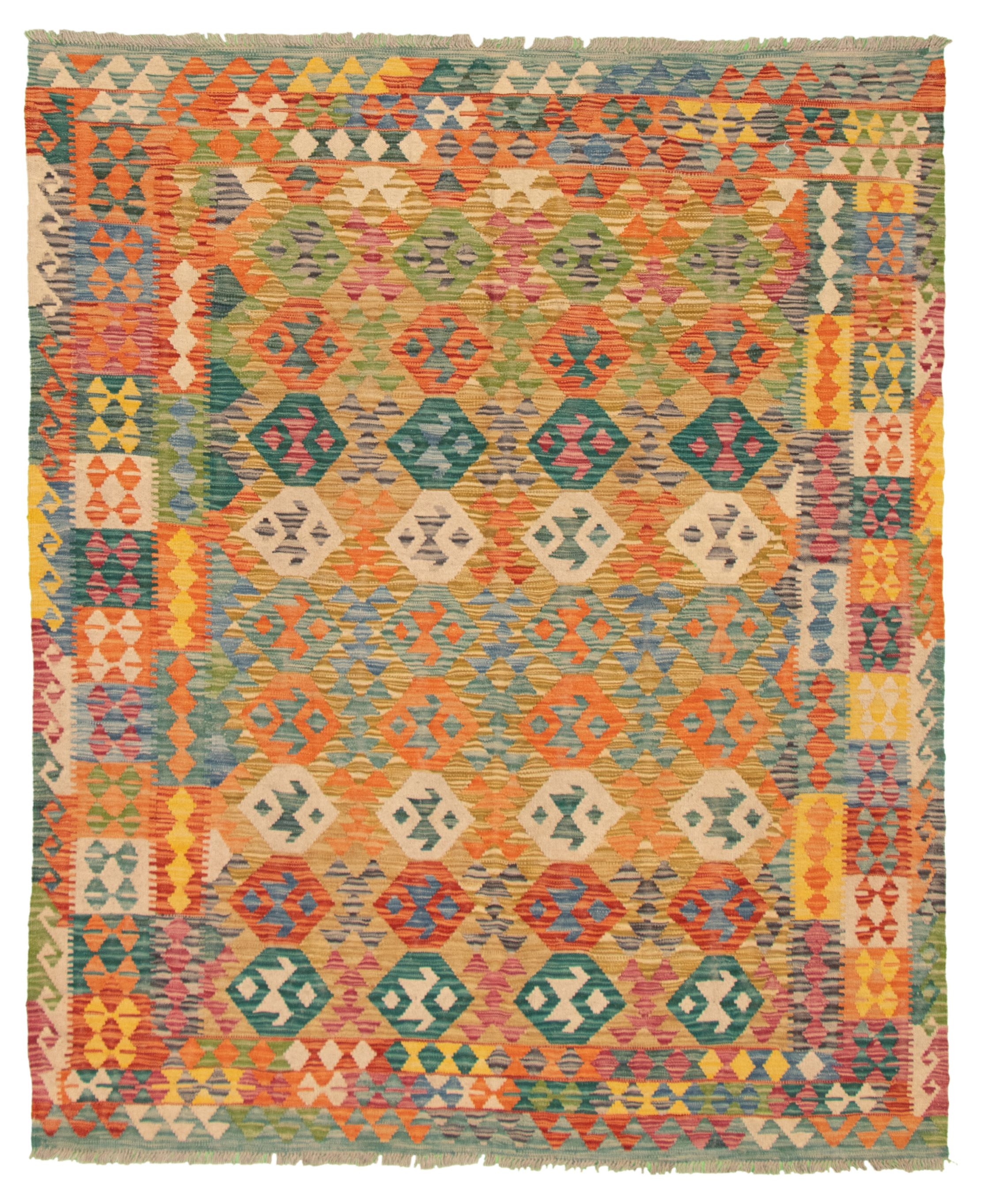 Hand woven Bold and Colorful  Multi Color Wool Kilim 6'3" x 7'10" Size: 6'3" x 7'10"  