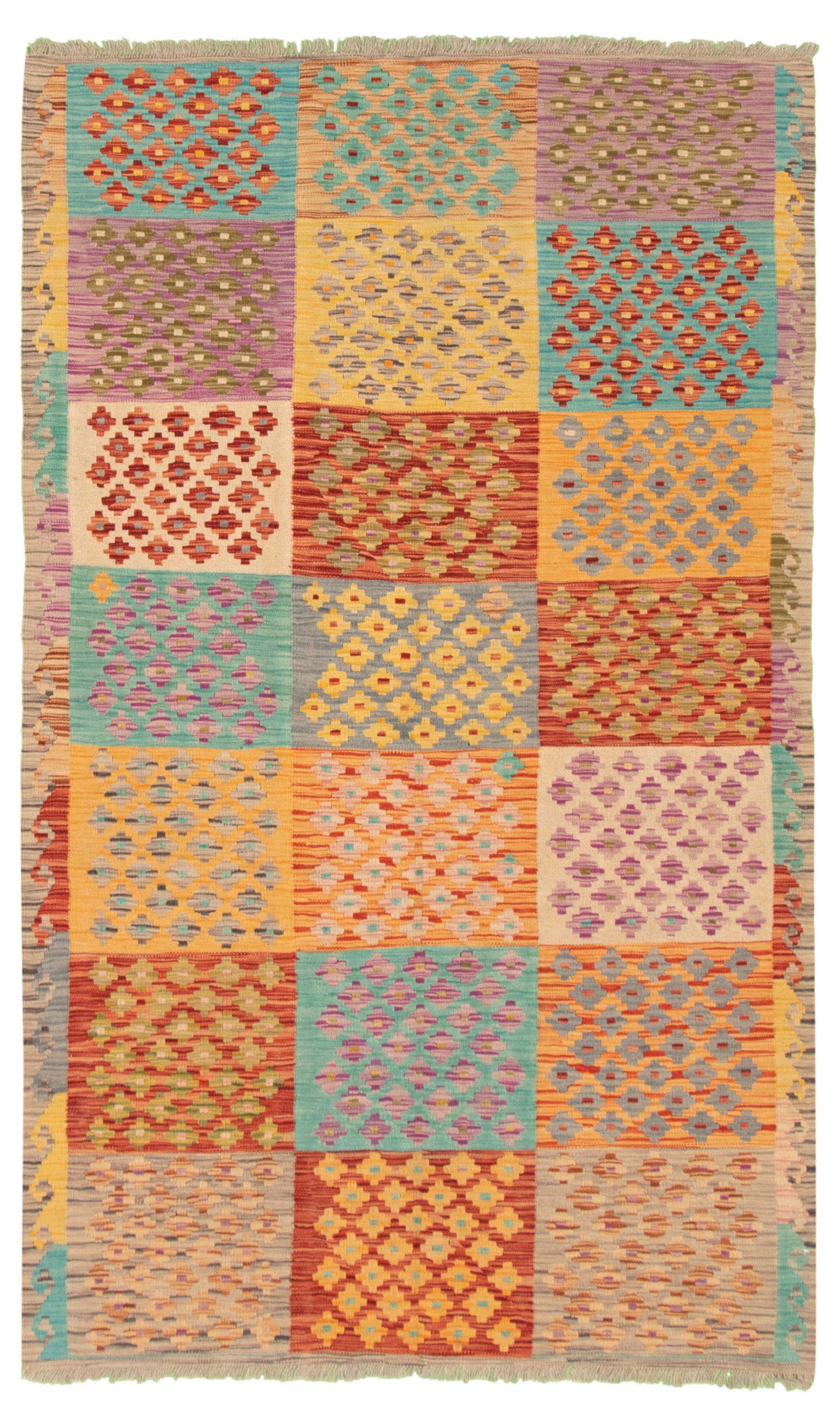 Hand woven Bold and Colorful  Multi Color Wool Kilim 4'10" x 8'4" Size: 4'10" x 8'4"  
