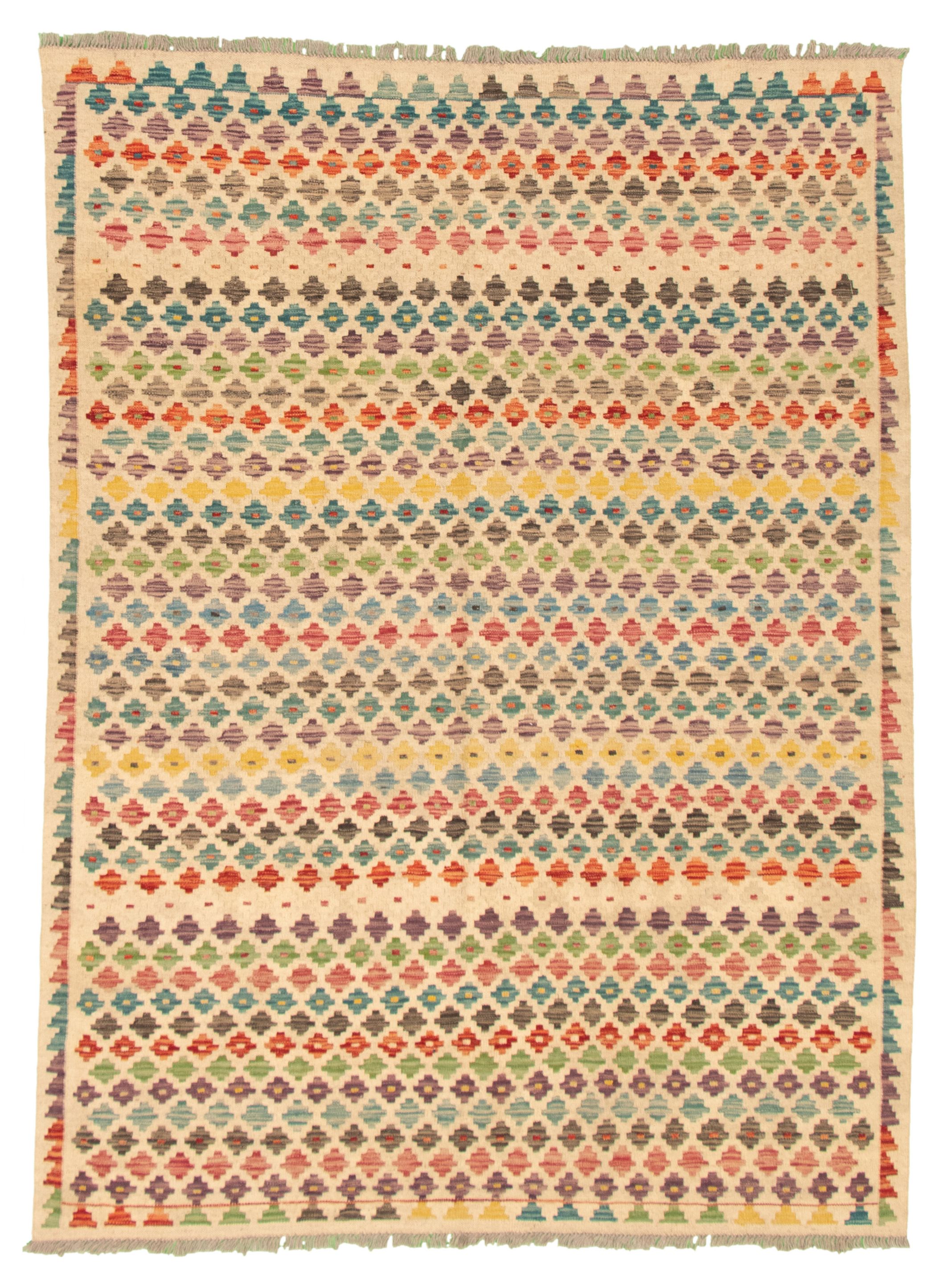 Hand woven Bold and Colorful  Ivory Wool Kilim 5'9" x 7'10" Size: 5'9" x 7'10"  
