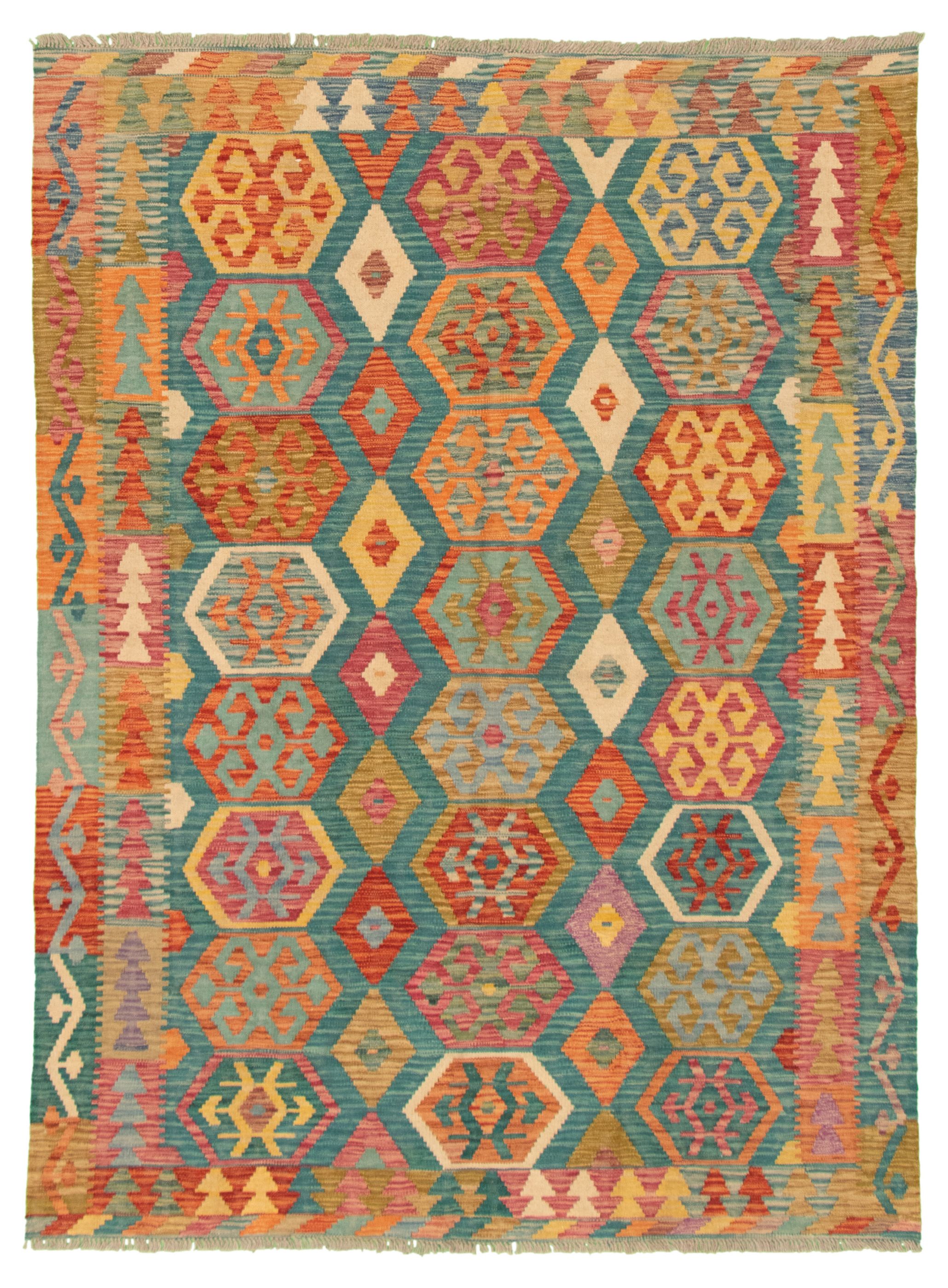 Hand woven Bold and Colorful  Turquoise Wool Kilim 5'10" x 7'10" Size: 5'10" x 7'10"  