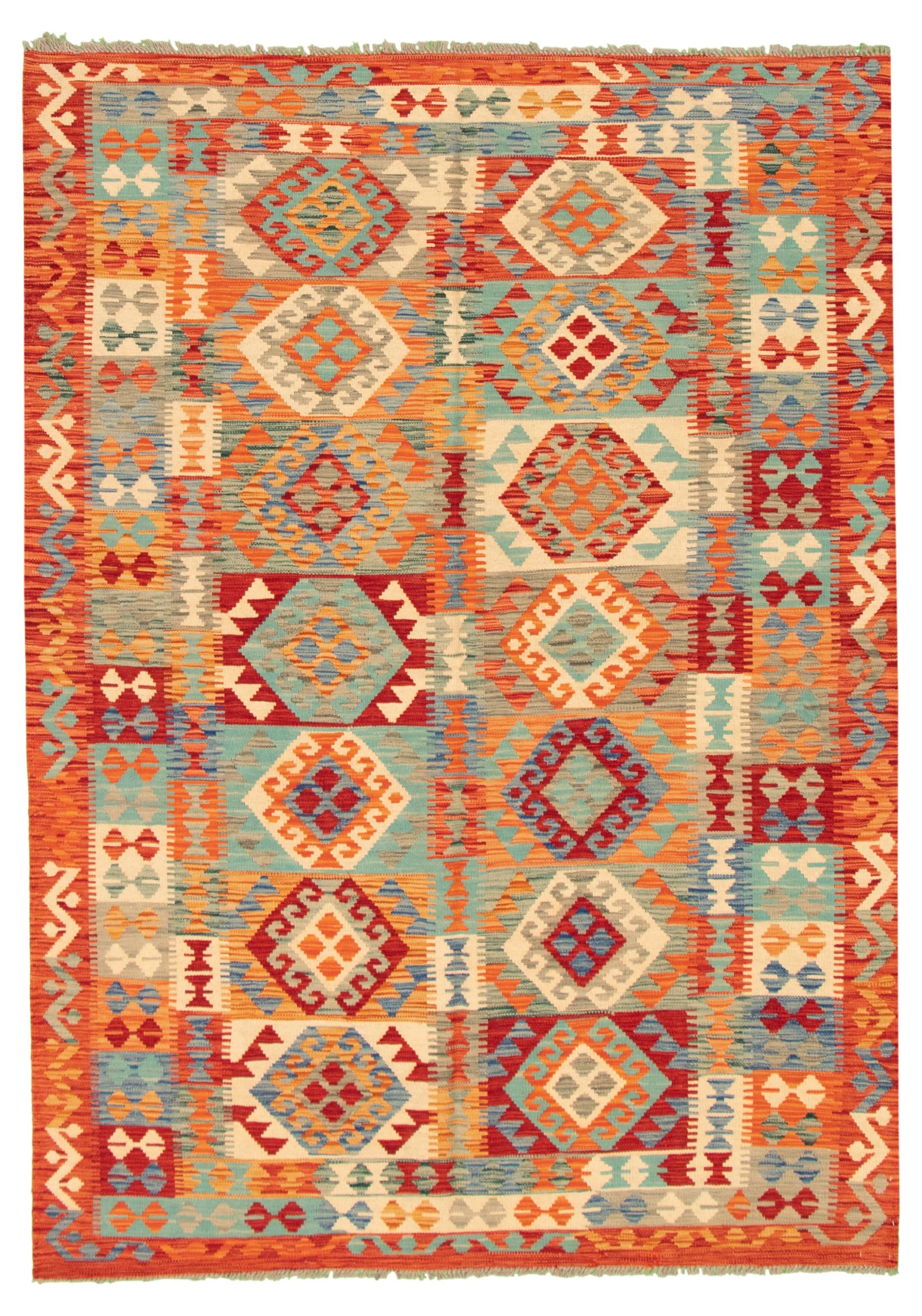 Hand woven Bold and Colorful  Copper, Dark Red Wool Kilim 5'10" x 8'0" Size: 5'10" x 8'0"  