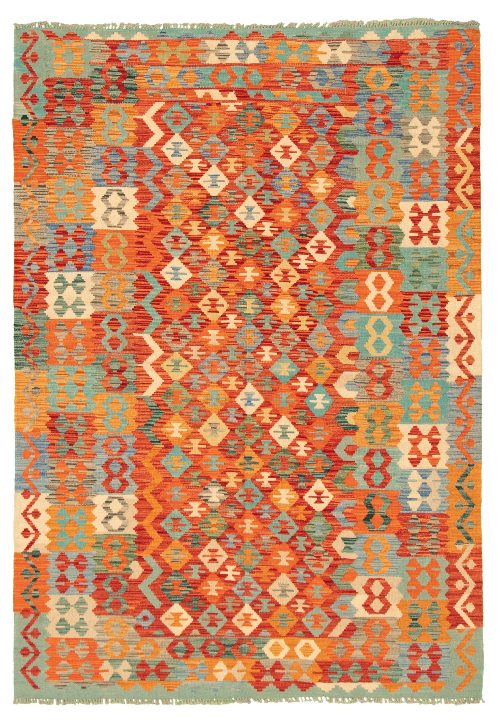 Hand woven Bold and Colorful  Red Wool Kilim 5'7" x 8'1" Size: 5'7" x 8'1"  