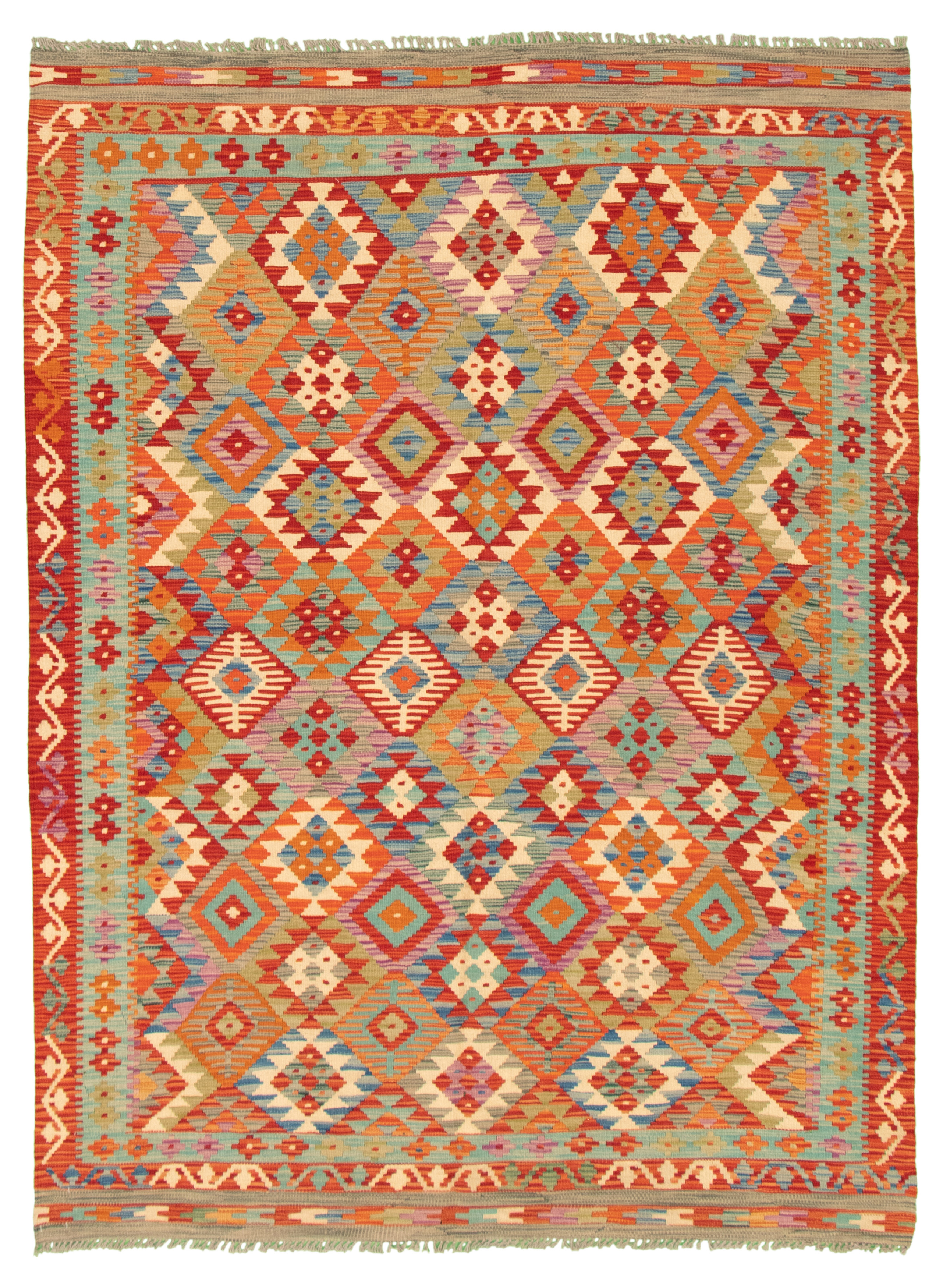 Hand woven Bold and Colorful  Dark Red Wool Kilim 5'10" x 7'10" Size: 5'10" x 7'10"  