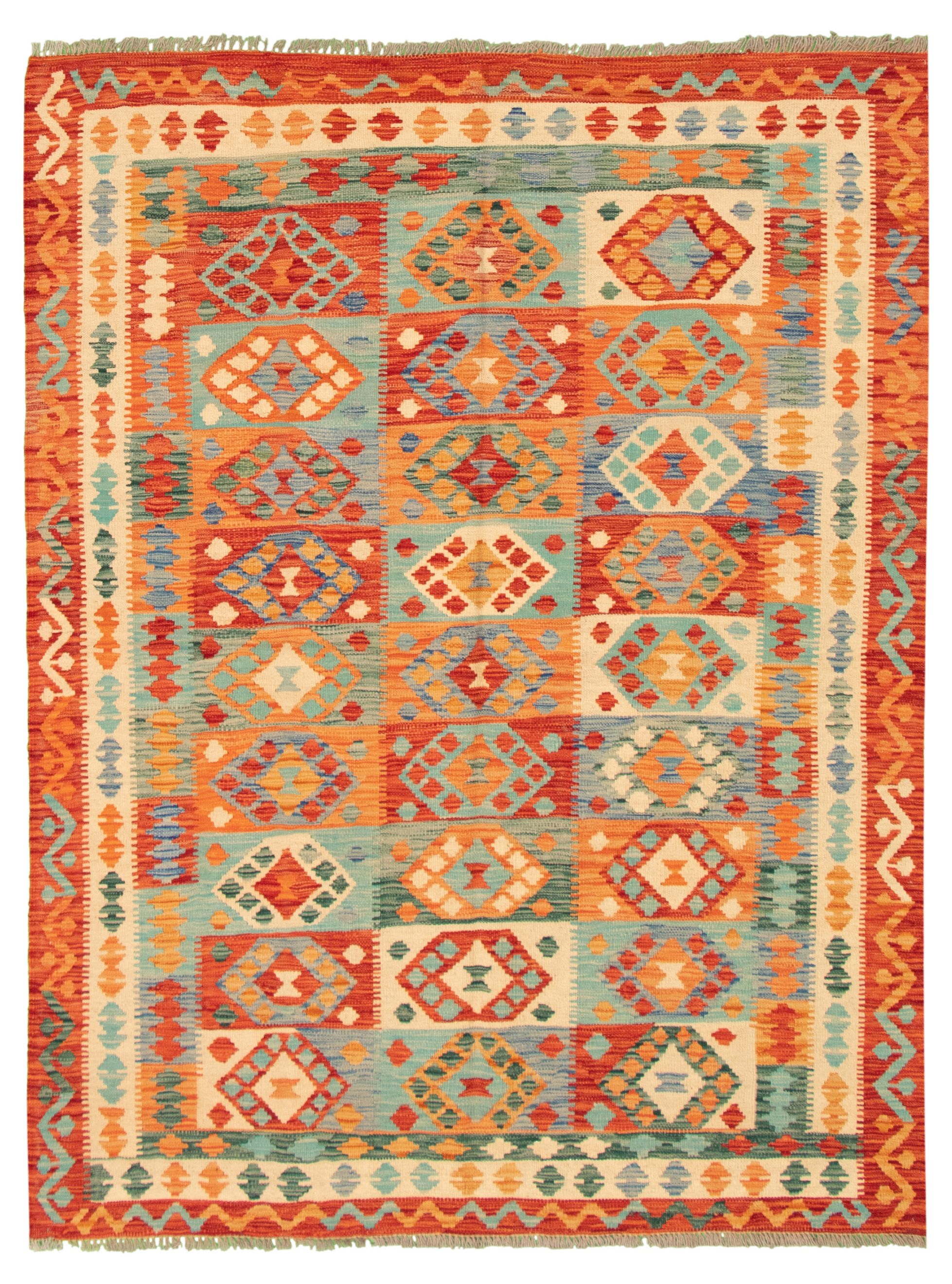 Hand woven Bold and Colorful  Red Wool Kilim 5'11" x 7'10"  Size: 5'11" x 7'10"  