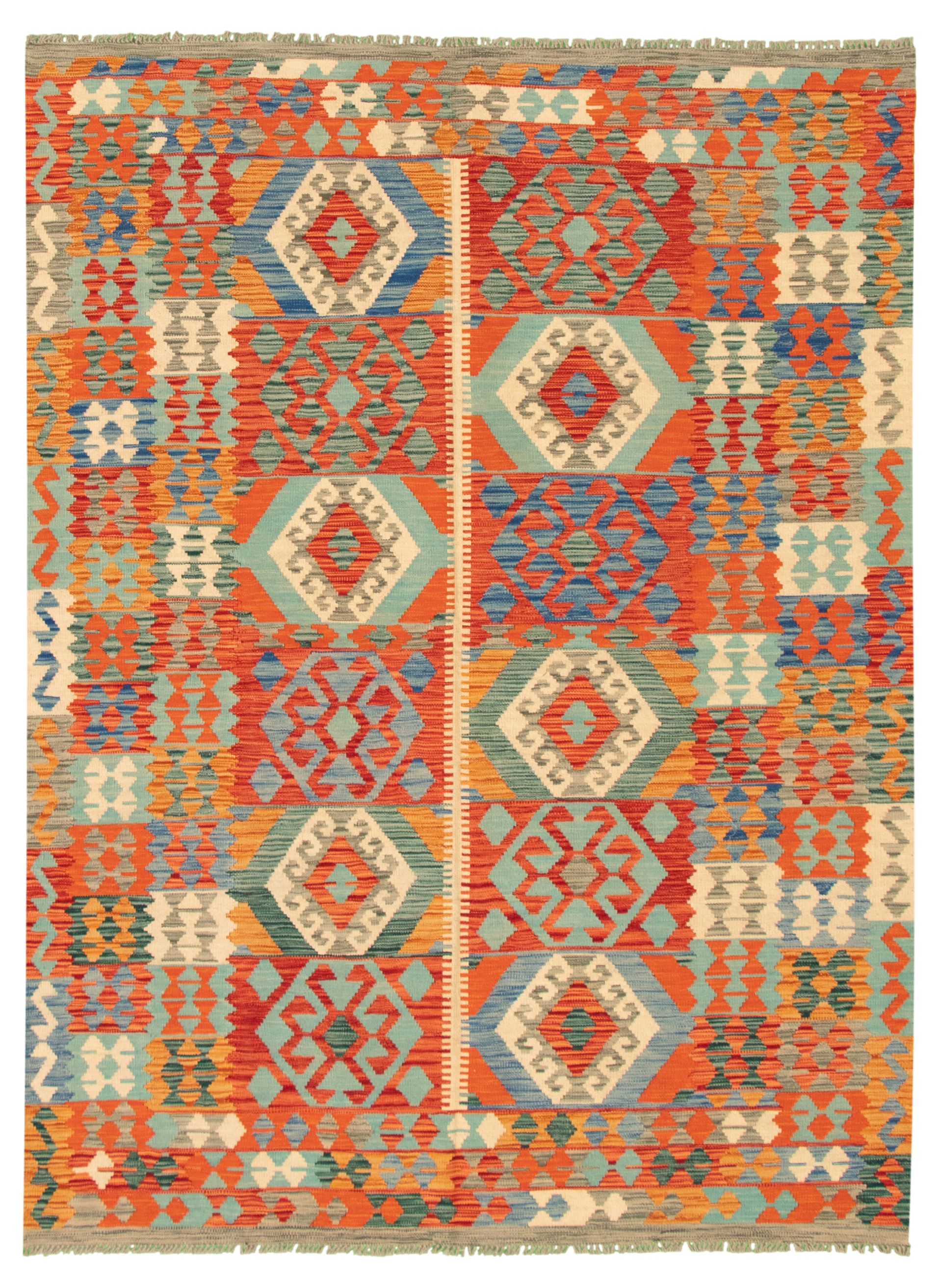 Hand woven Bold and Colorful  Red Wool Kilim 5'10" x 7'10" Size: 5'10" x 7'10"  