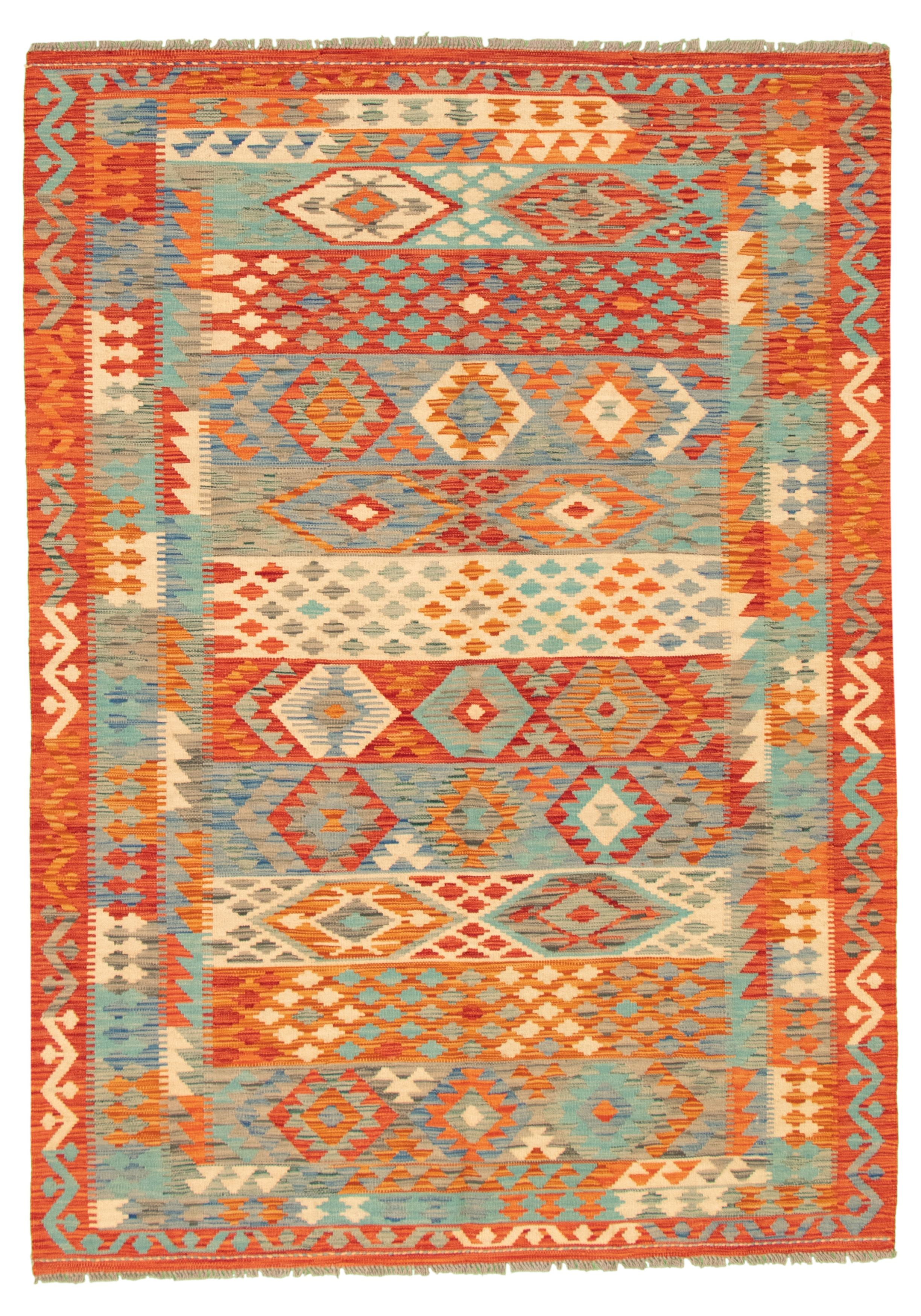 Hand woven Bold and Colorful  Red Wool Kilim 5'7" x 7'10" Size: 5'7" x 7'10"  