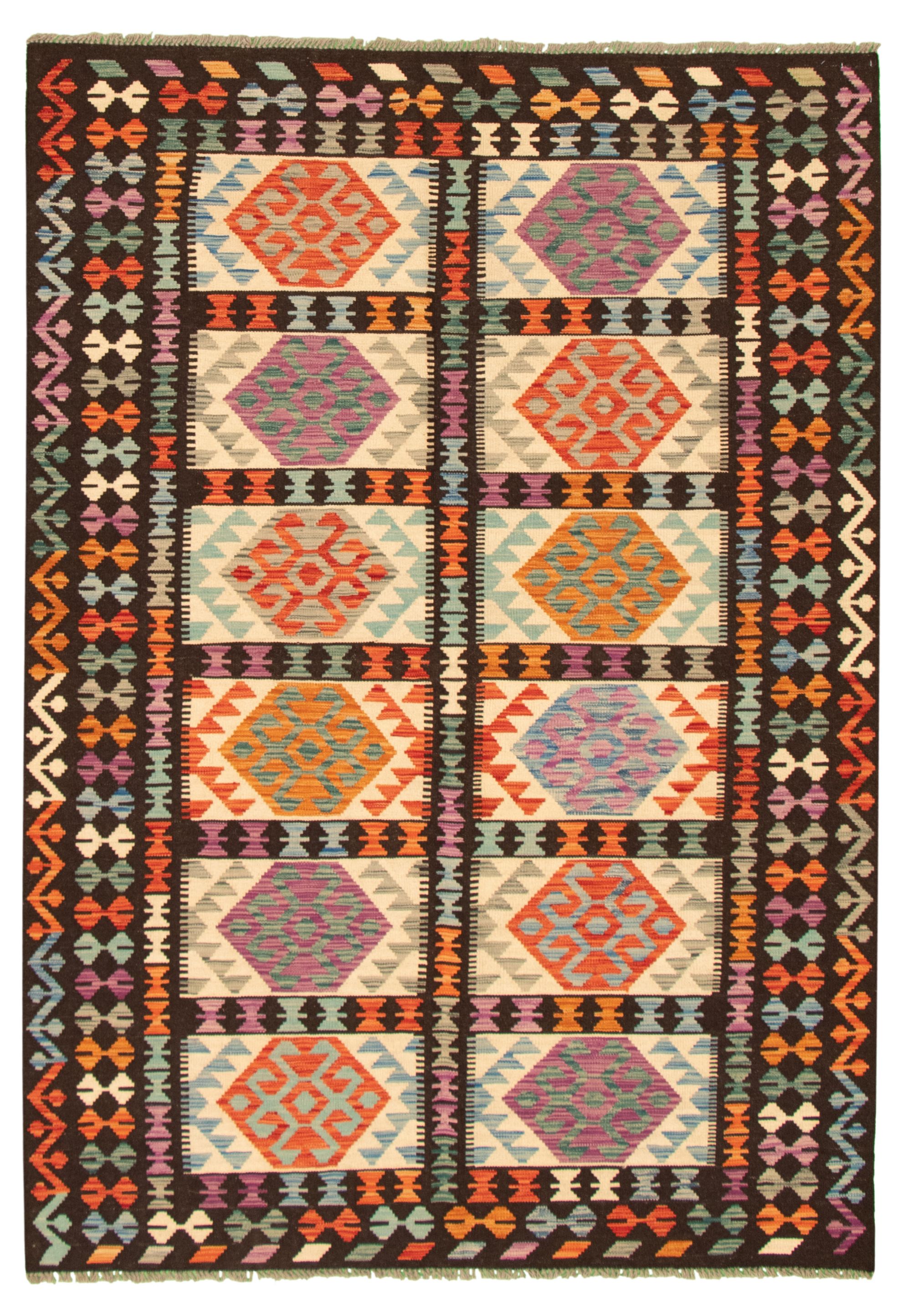 Hand woven Bold and Colorful  Ivory, Red Wool Kilim 5'10" x 8'3" Size: 5'10" x 8'3"  