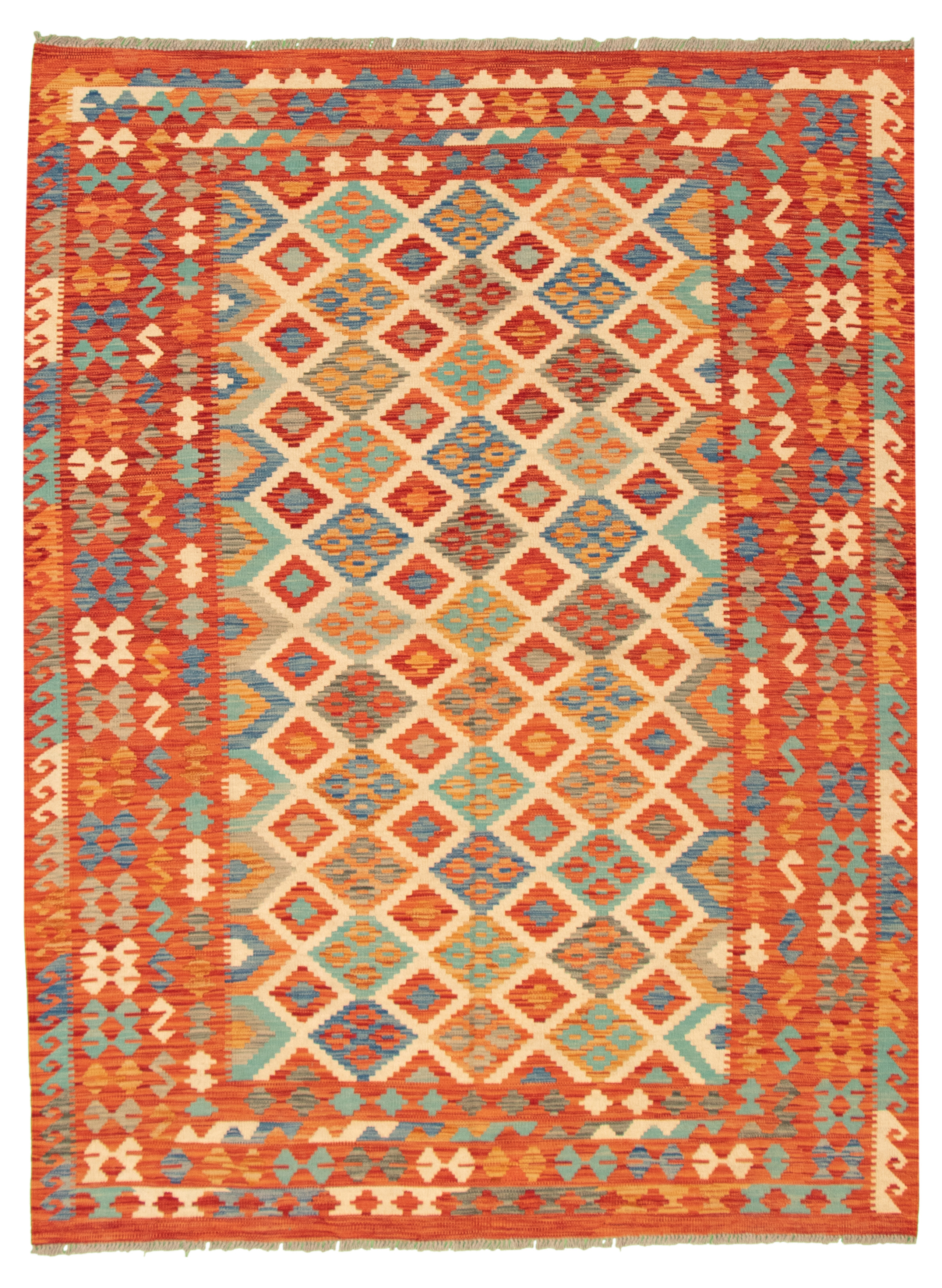 Hand woven Bold and Colorful  Red Wool Kilim 6'0" x 8'1" Size: 6'0" x 8'1"  