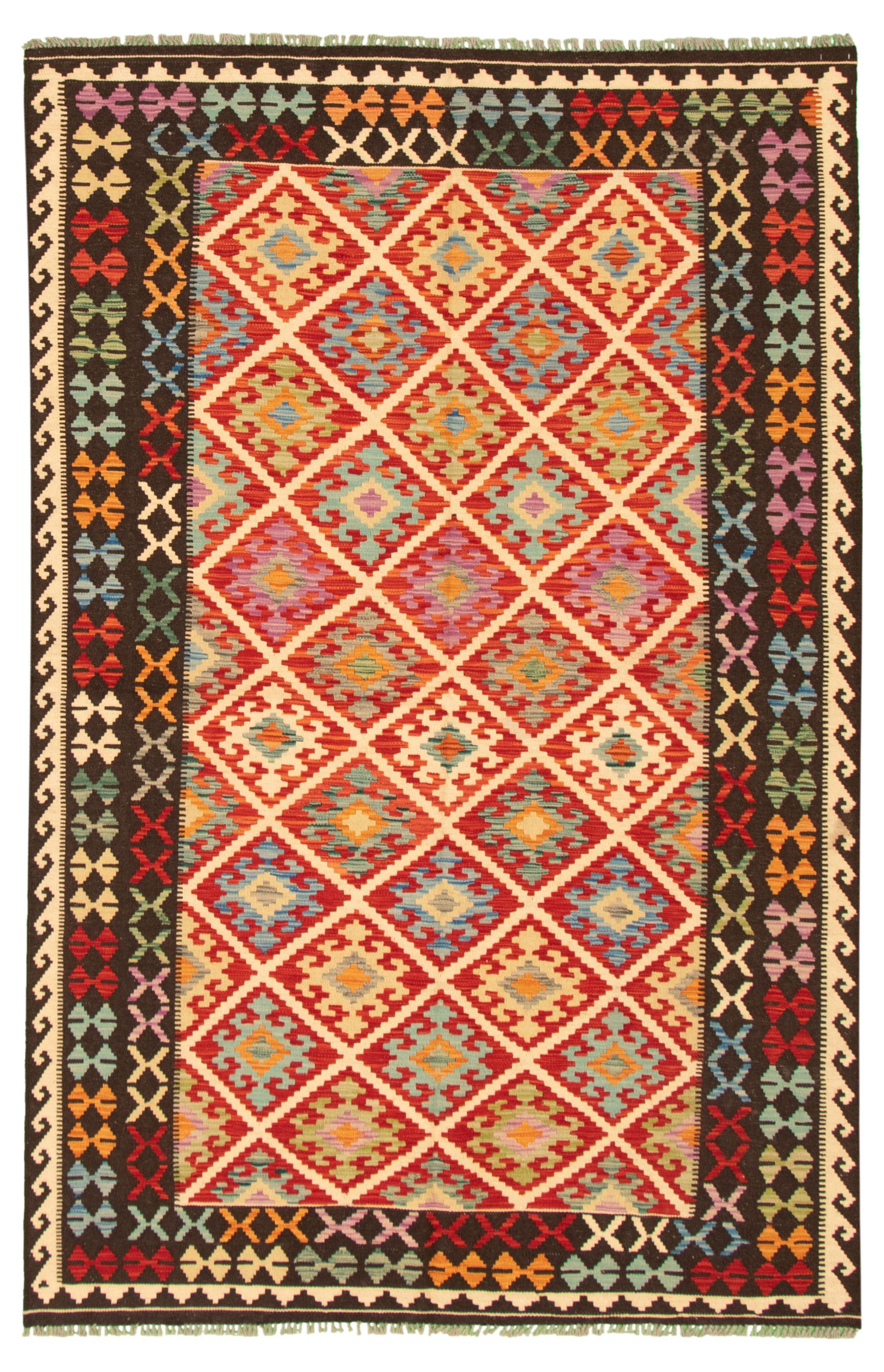 Hand woven Bold and Colorful  Ivory, Red Wool Kilim 5'5" x 8'3" Size: 5'5" x 8'3"  
