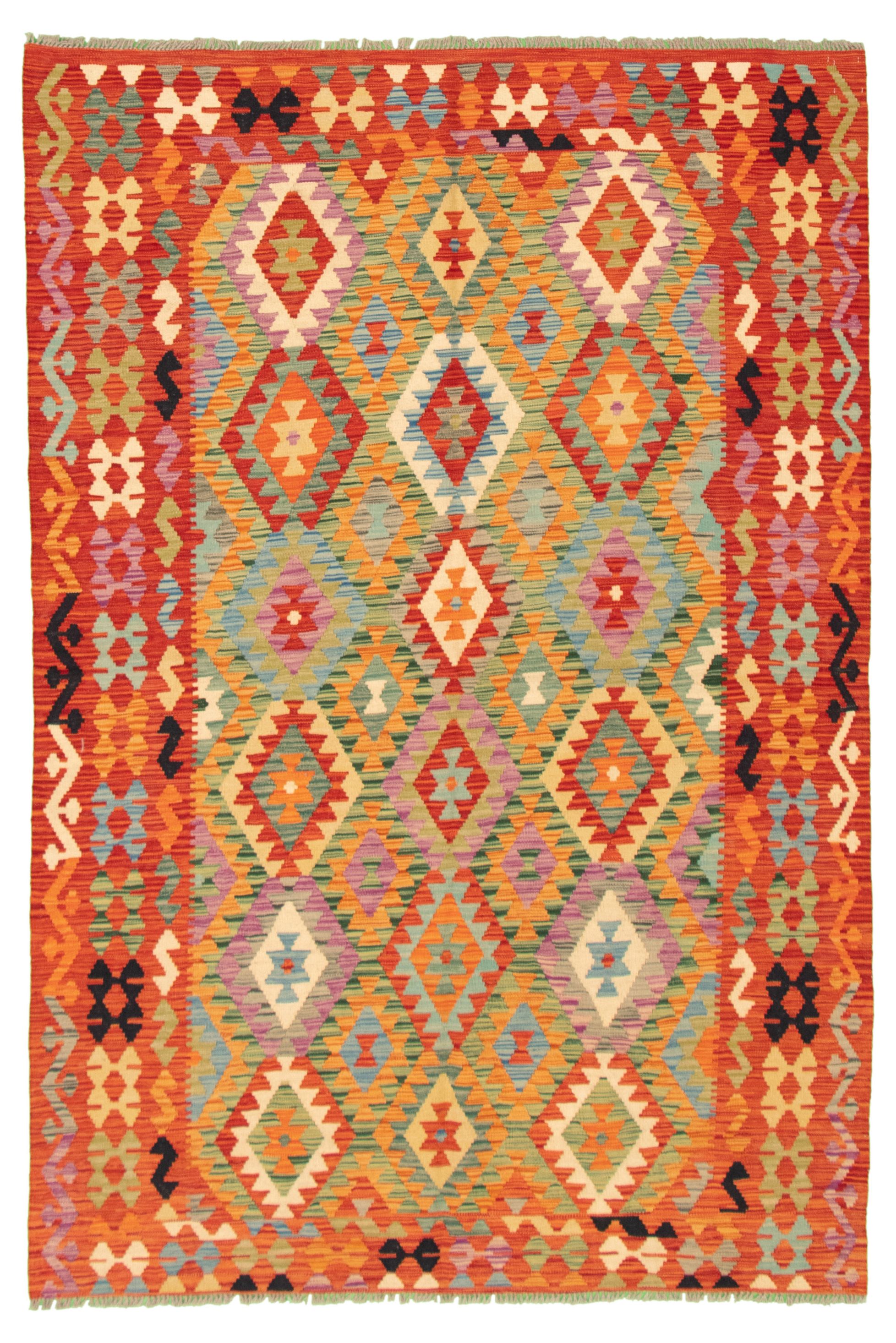Hand woven Bold and Colorful  Red Wool Kilim 5'8" x 8'5" Size: 5'8" x 8'5"  