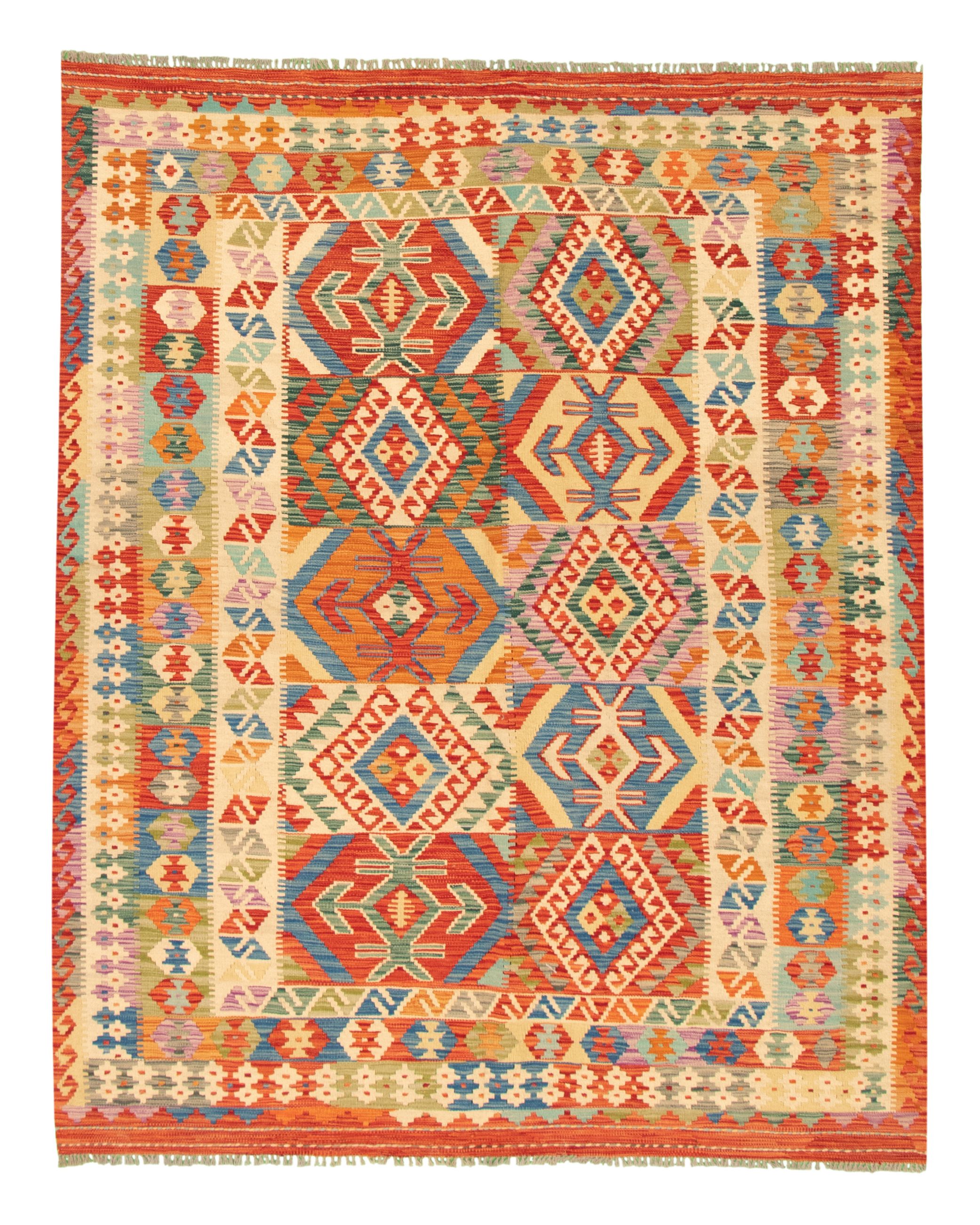 Hand woven Bold and Colorful  Ivory, Red Wool Kilim 6'0" x 7'8" Size: 6'0" x 7'8"  